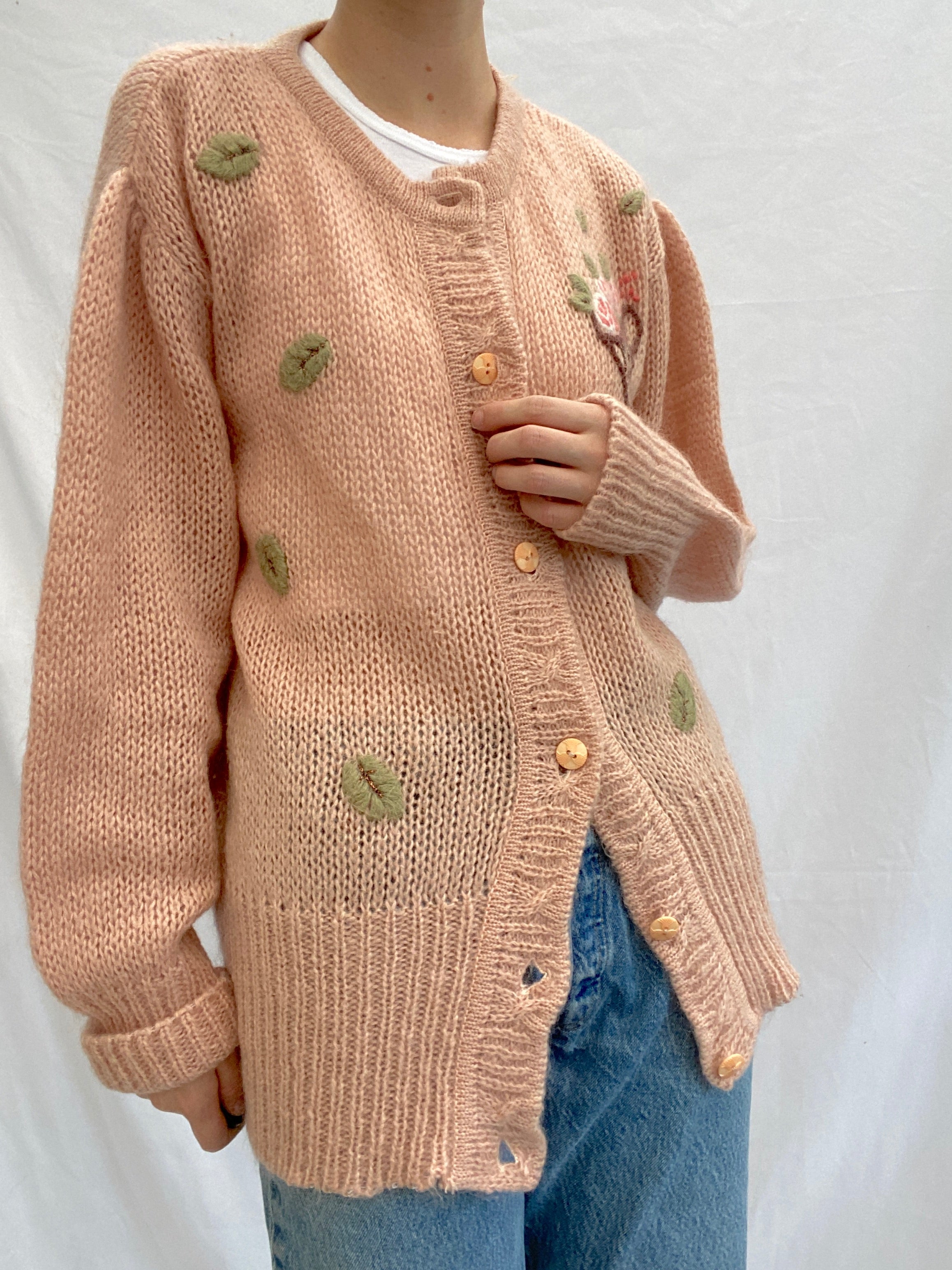 Mauve Pink Knit Cardigan With Bouquet Imagery