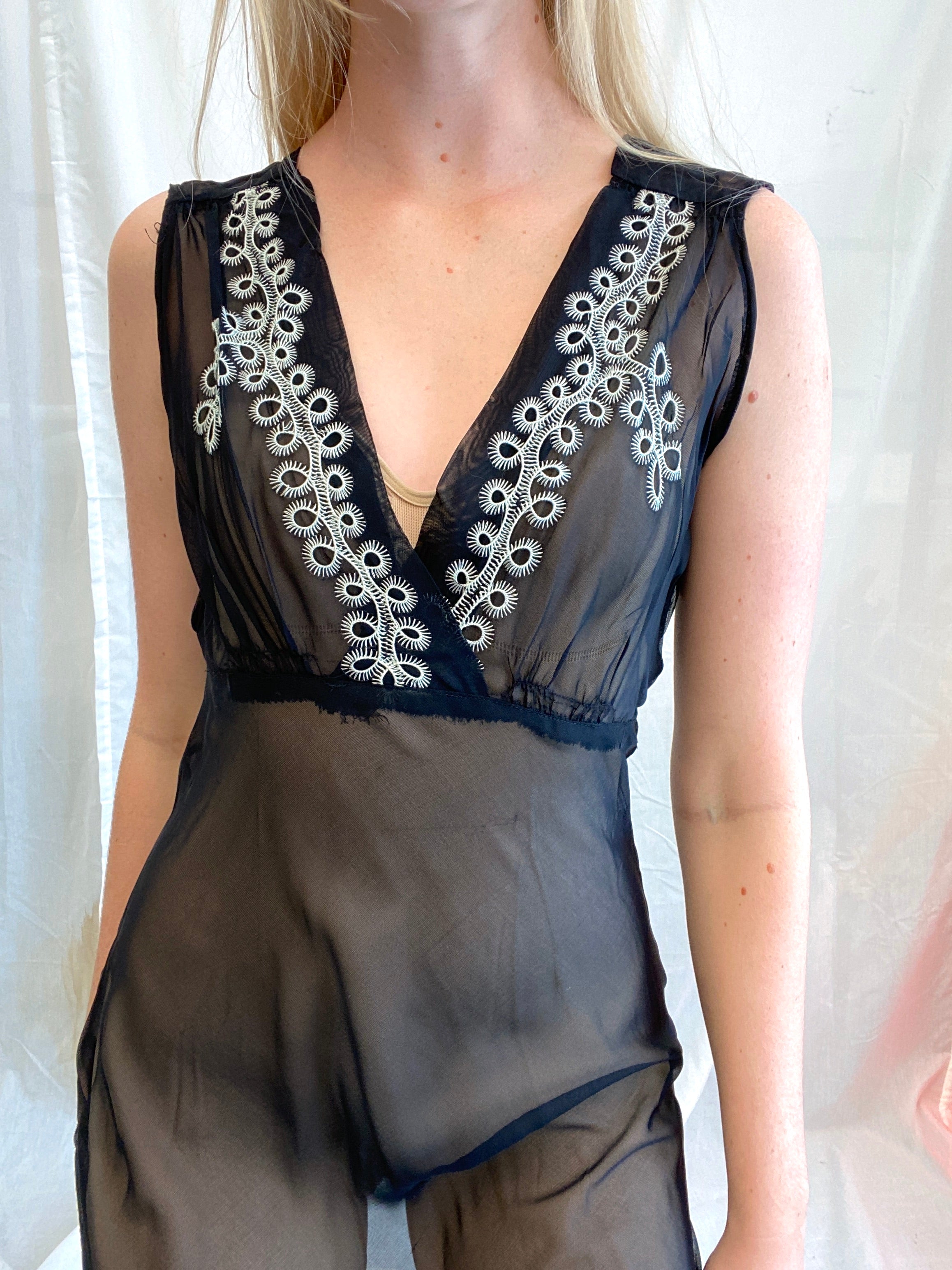 1930's Black Slip with Icy Blue Embroidery