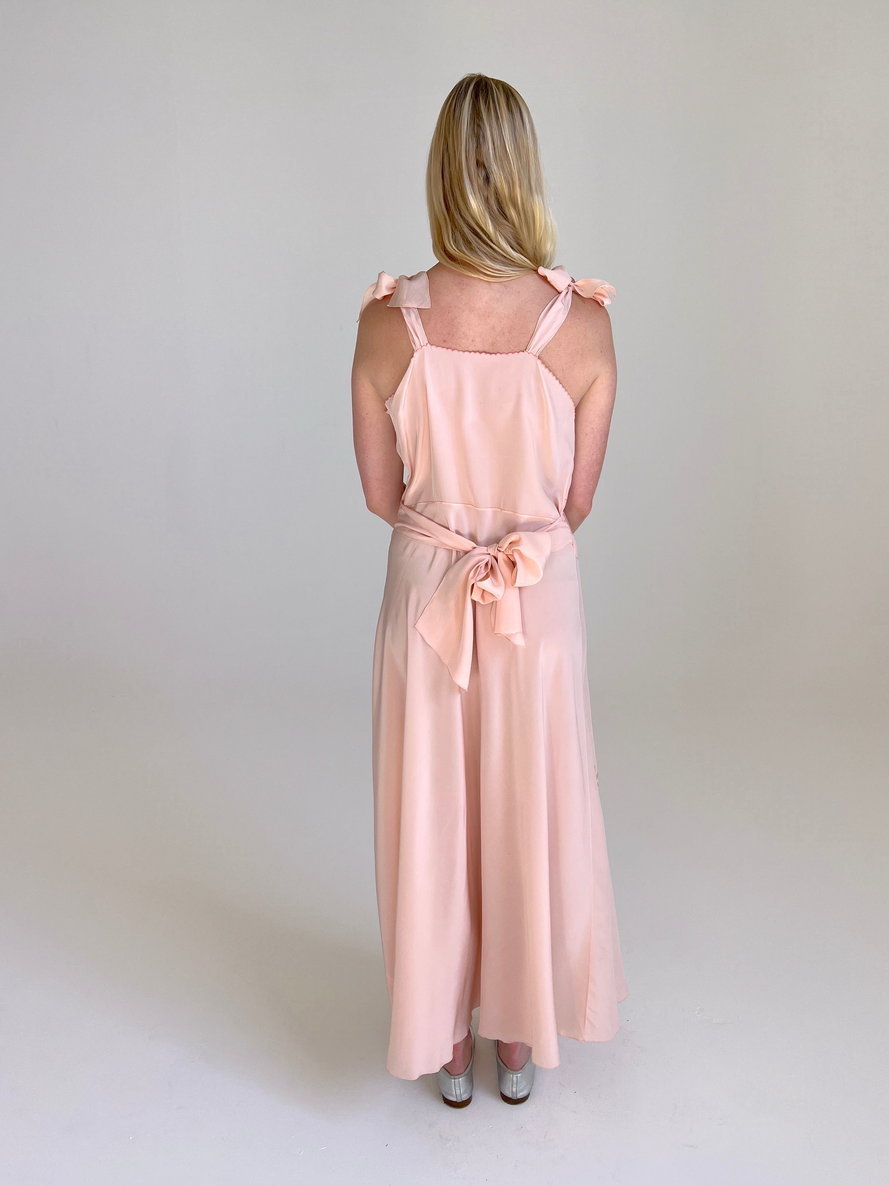1930's Pink Silk Floral Embroidered Dress With Ties