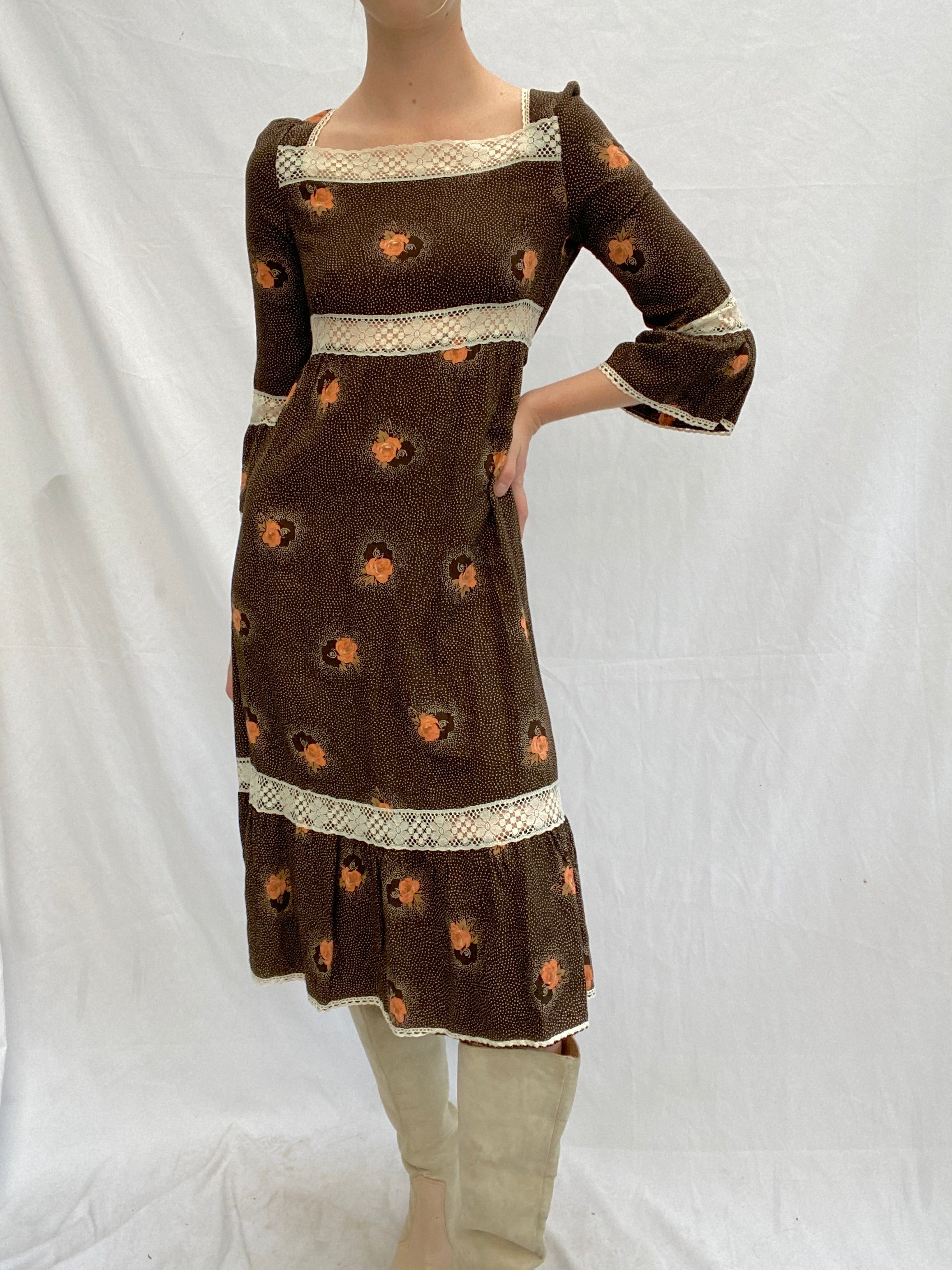 Long Sleeve Brown Floral Dress with White Lace