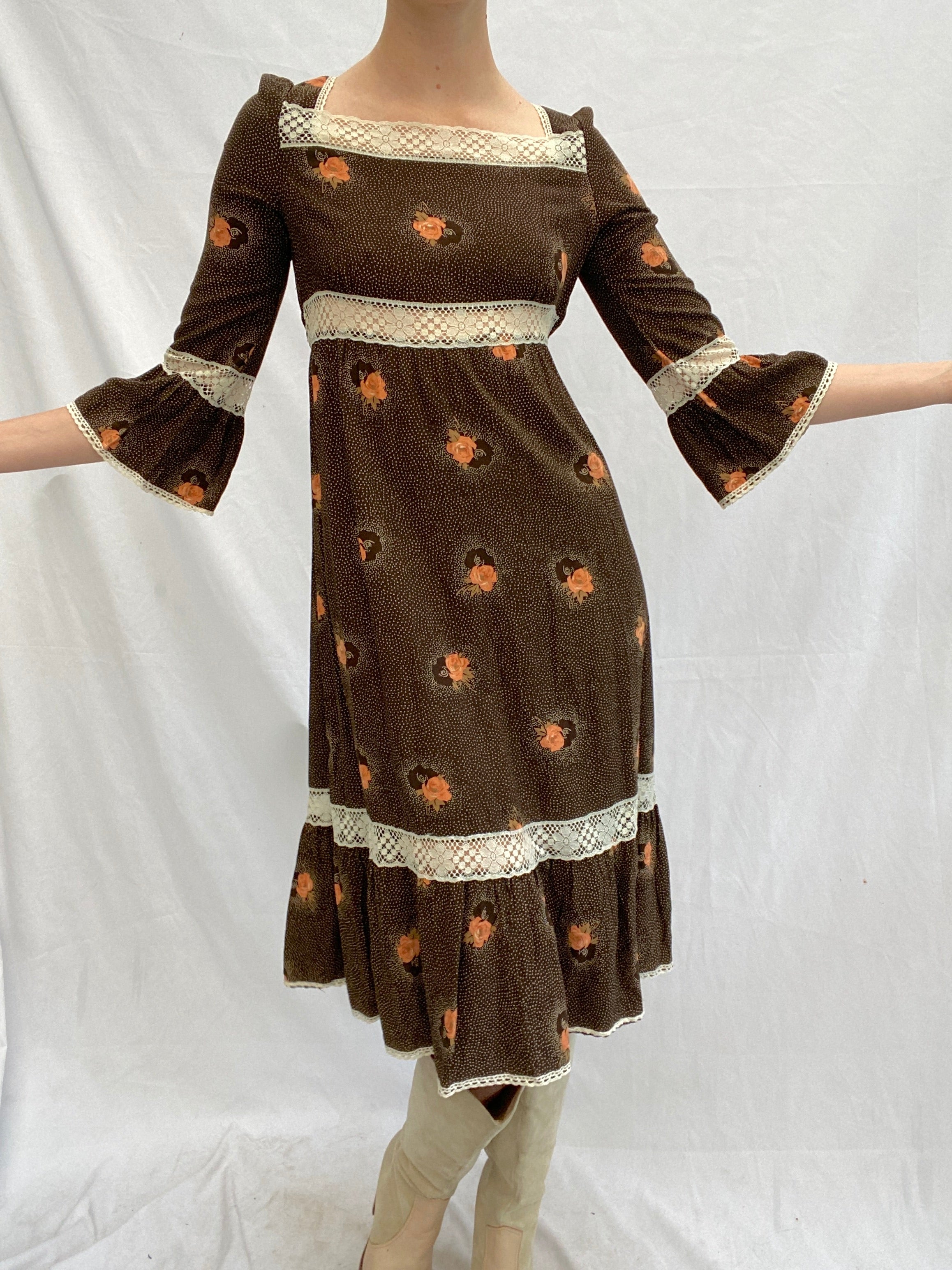 Long Sleeve Brown Floral Dress with White Lace