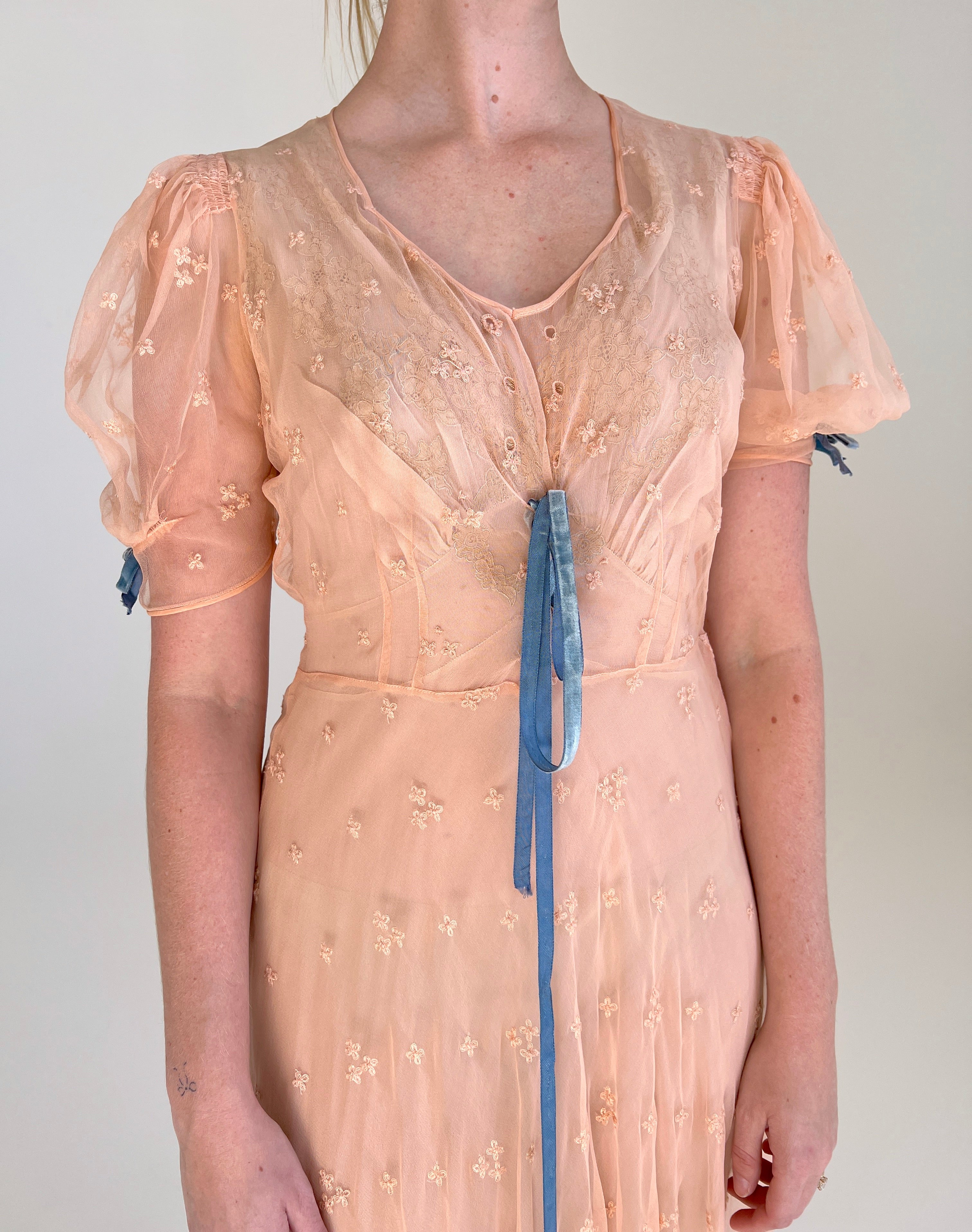1930's Peachy Pink Floral Embroidered Puffed Sleeve Net Gown with Blue Velvet Ties