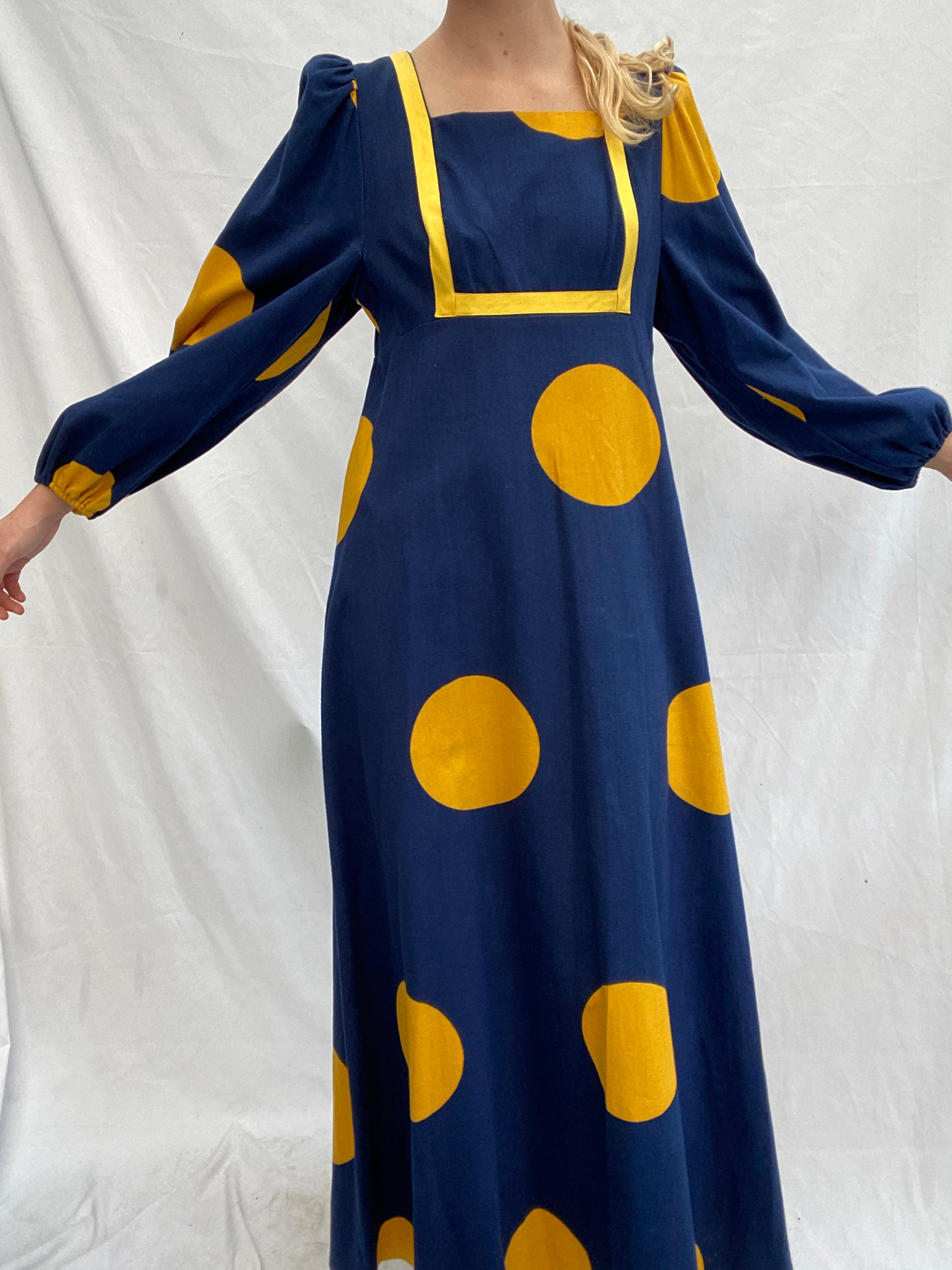 70's Long Sleeve Navy Dress with Yellow Circles