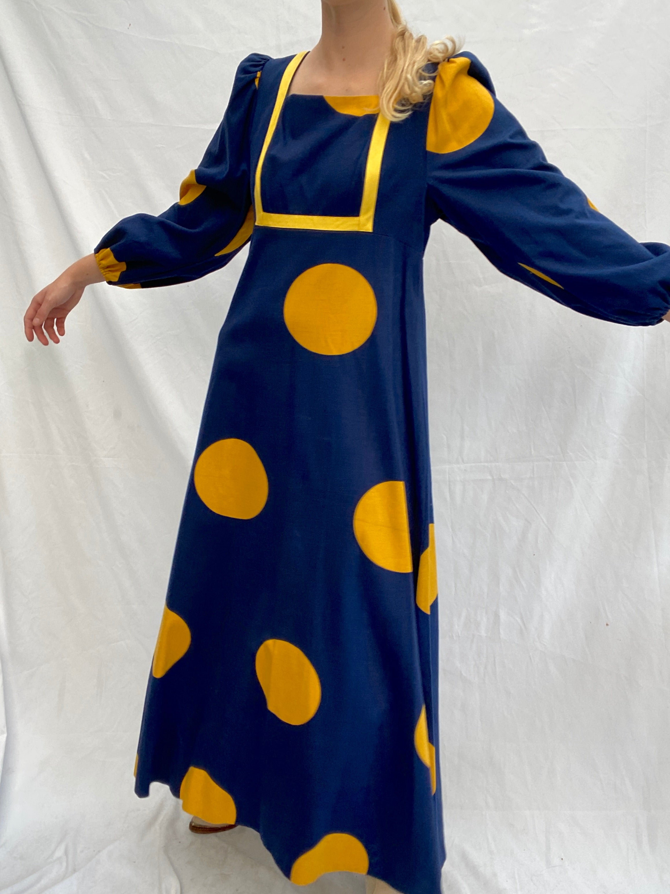 70's Long Sleeve Navy Dress with Yellow Circles
