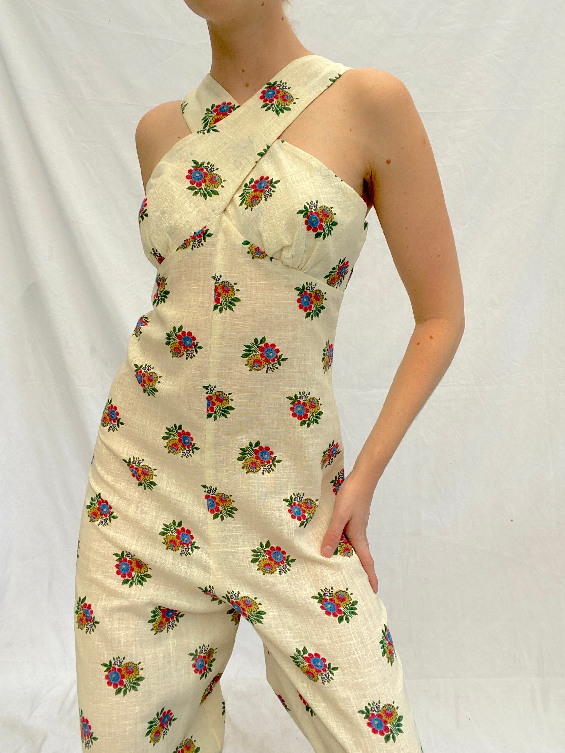 70's Floral Cotton Jumpsuit