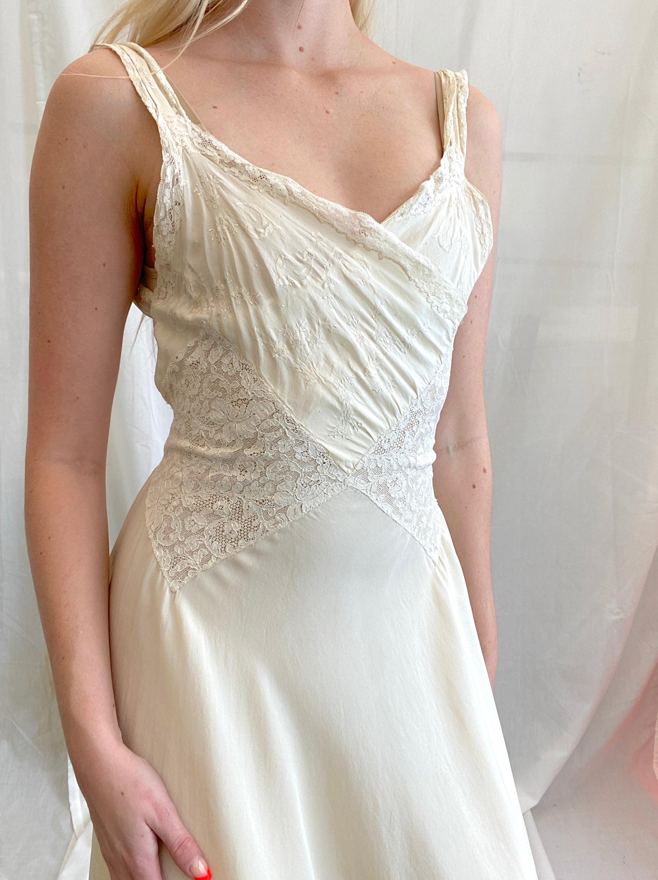 1940's French Cream Silk Slip with Delicate Floral Embroidery and White Lace