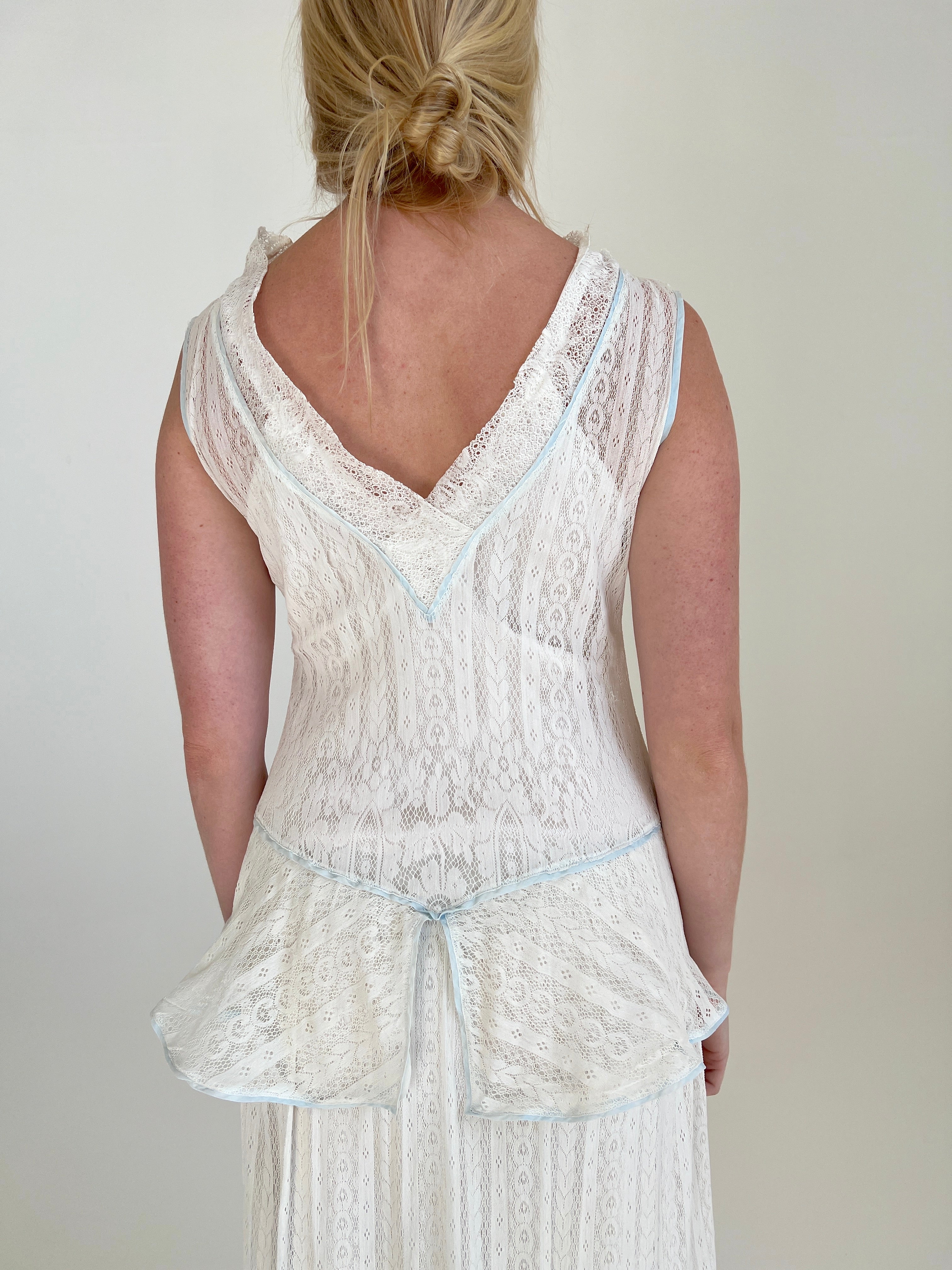 1930's White Lace Dress with Baby Blue Organza Trim