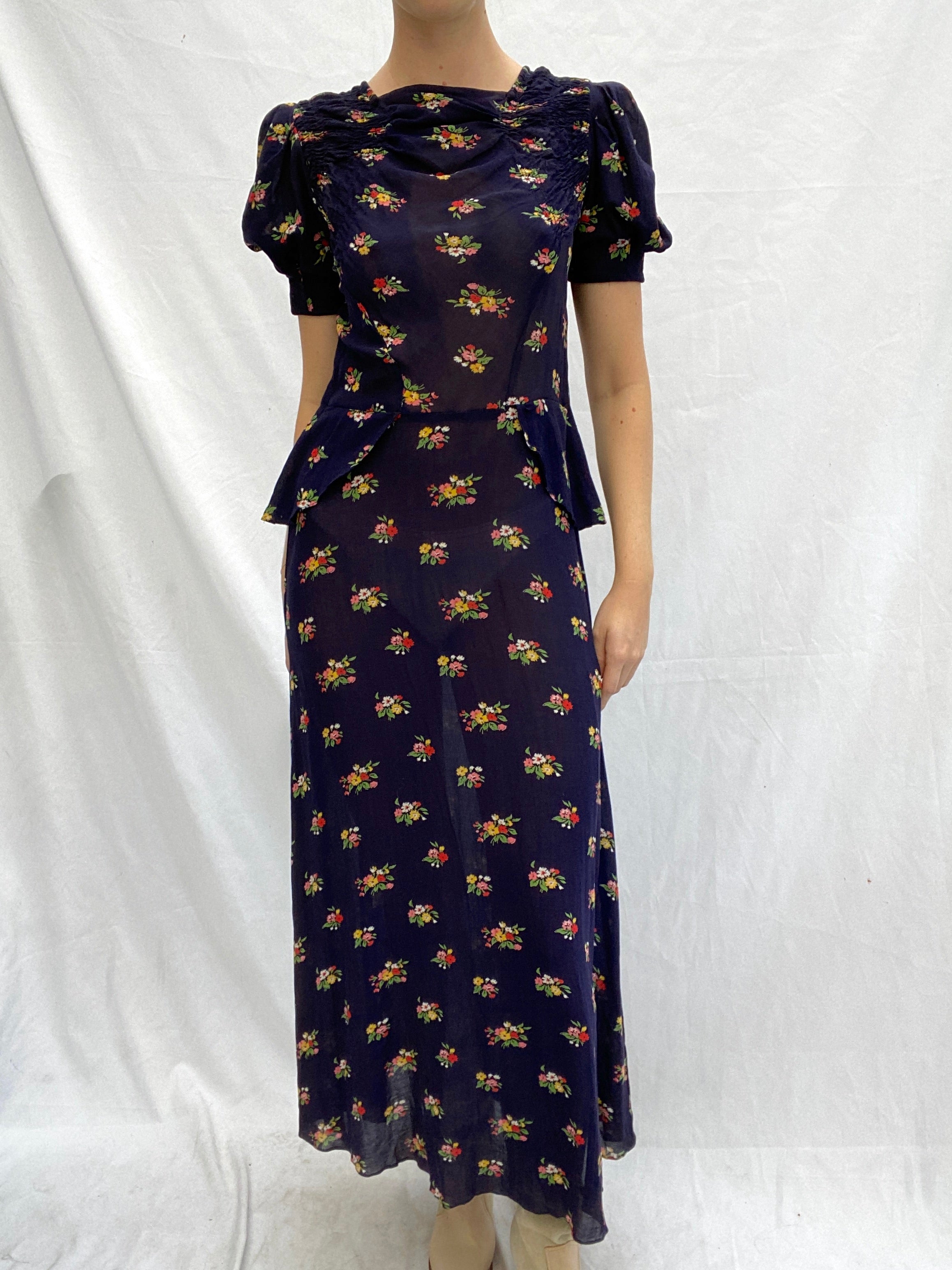 1940's Navy Floral Dress with Peplum