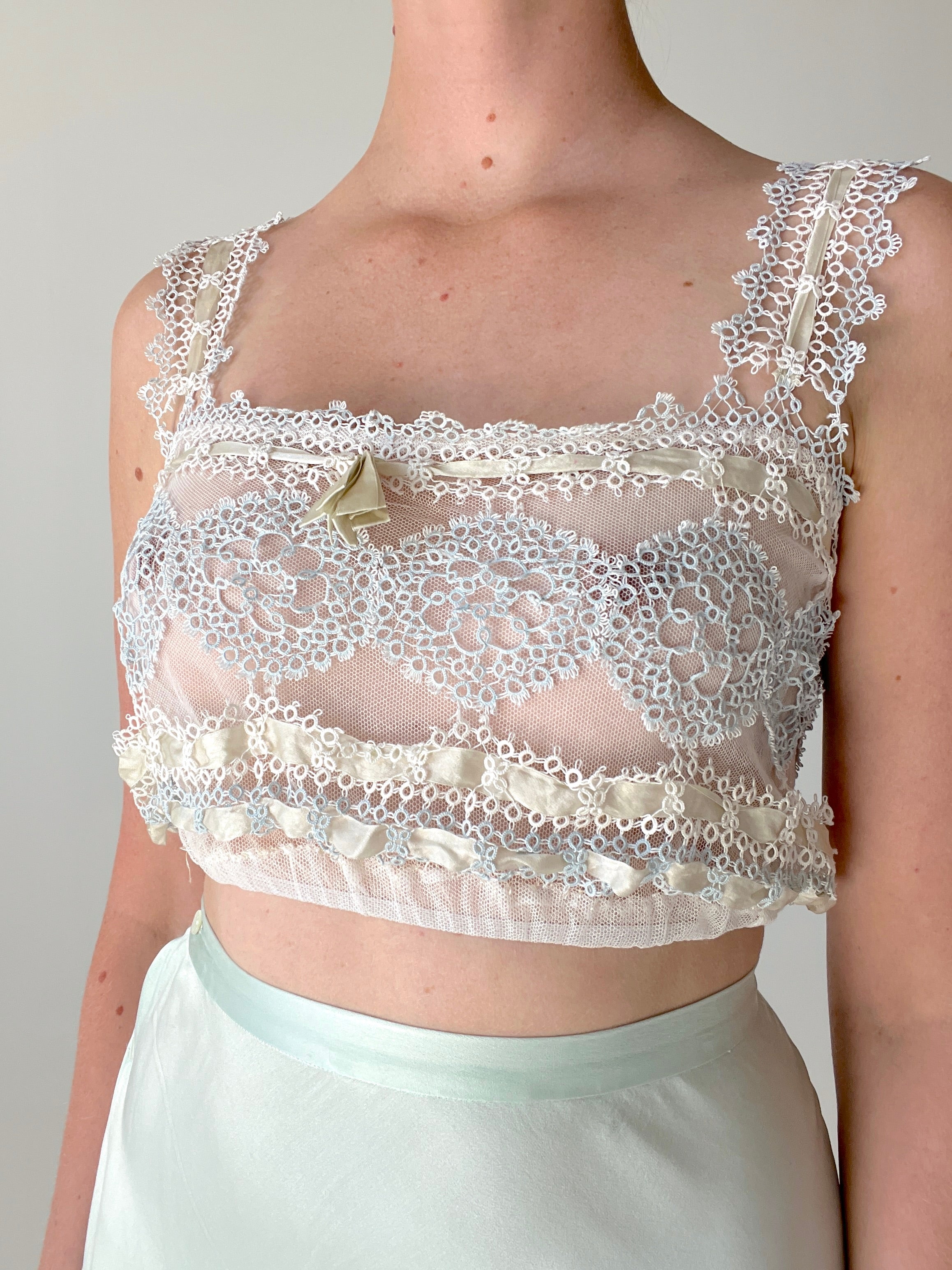 1920's White and Blue Net and Lace Bra Handmade Top