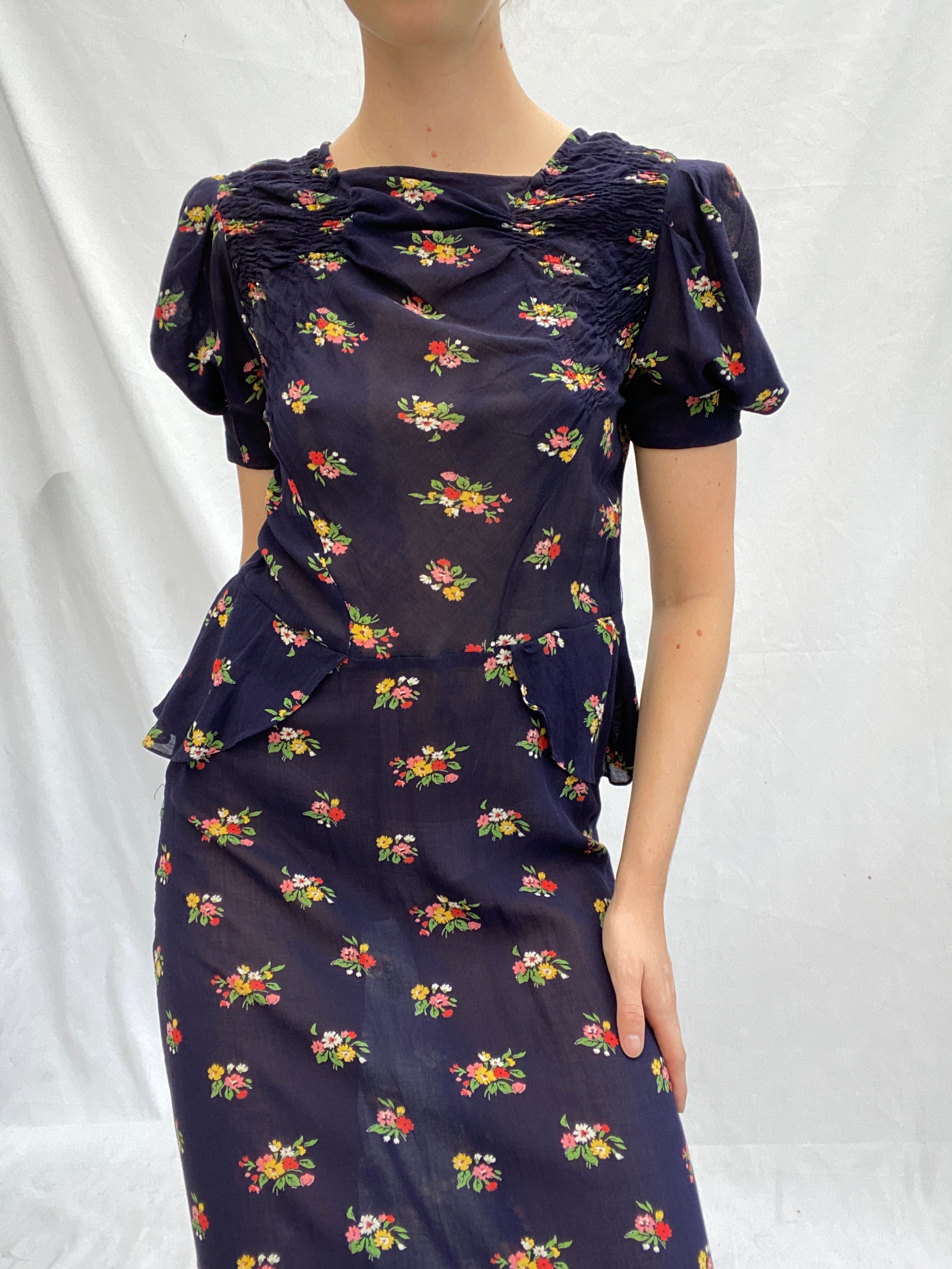 1940's Navy Floral Dress with Peplum