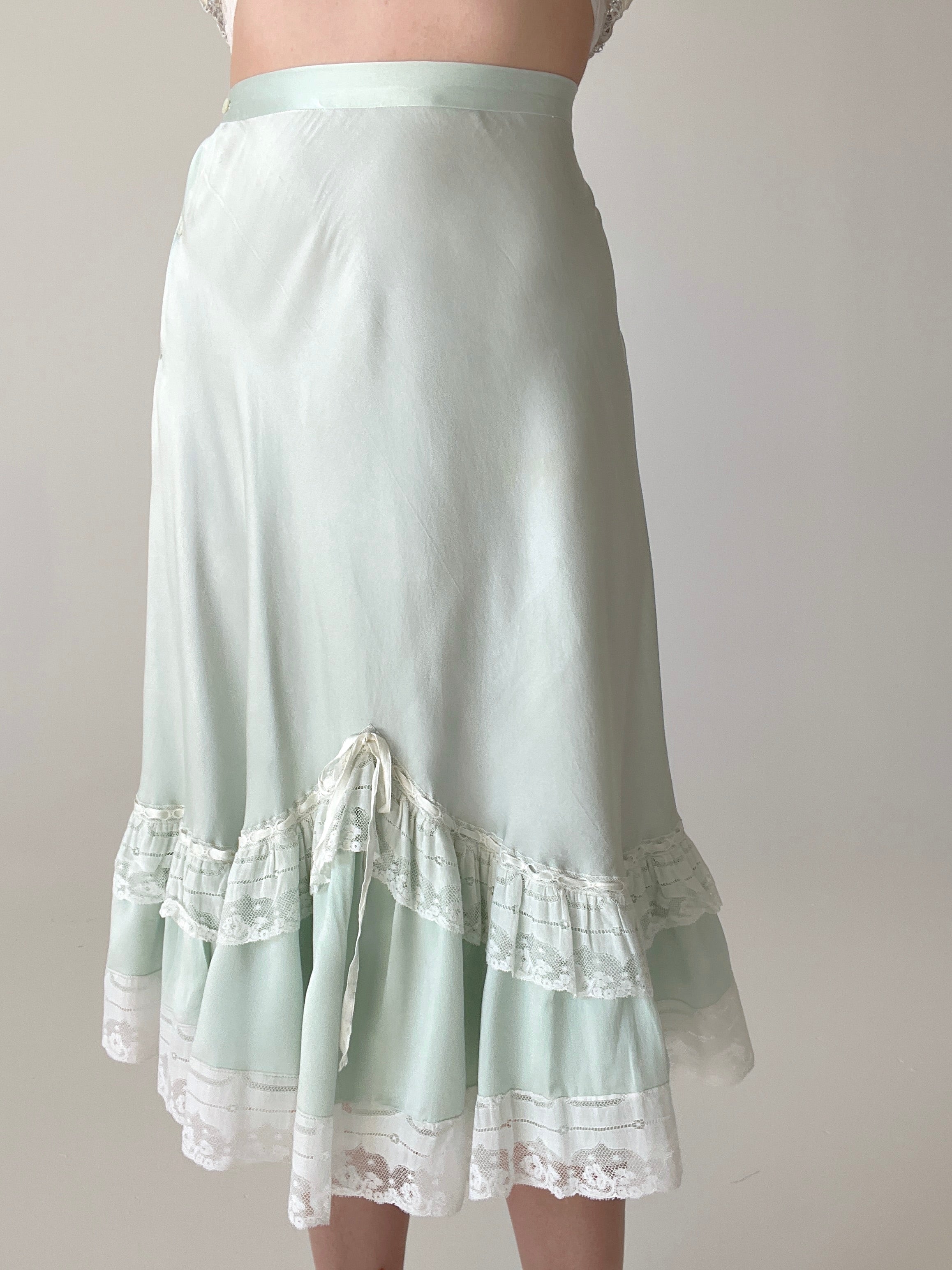 1950's Pale Aqua Silk Skirt with White Lace Ruffle