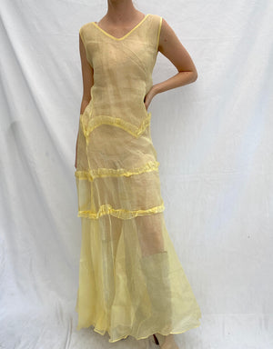 Hand Dyed Canary Yellow 1930's Organza Sleeveless Dress