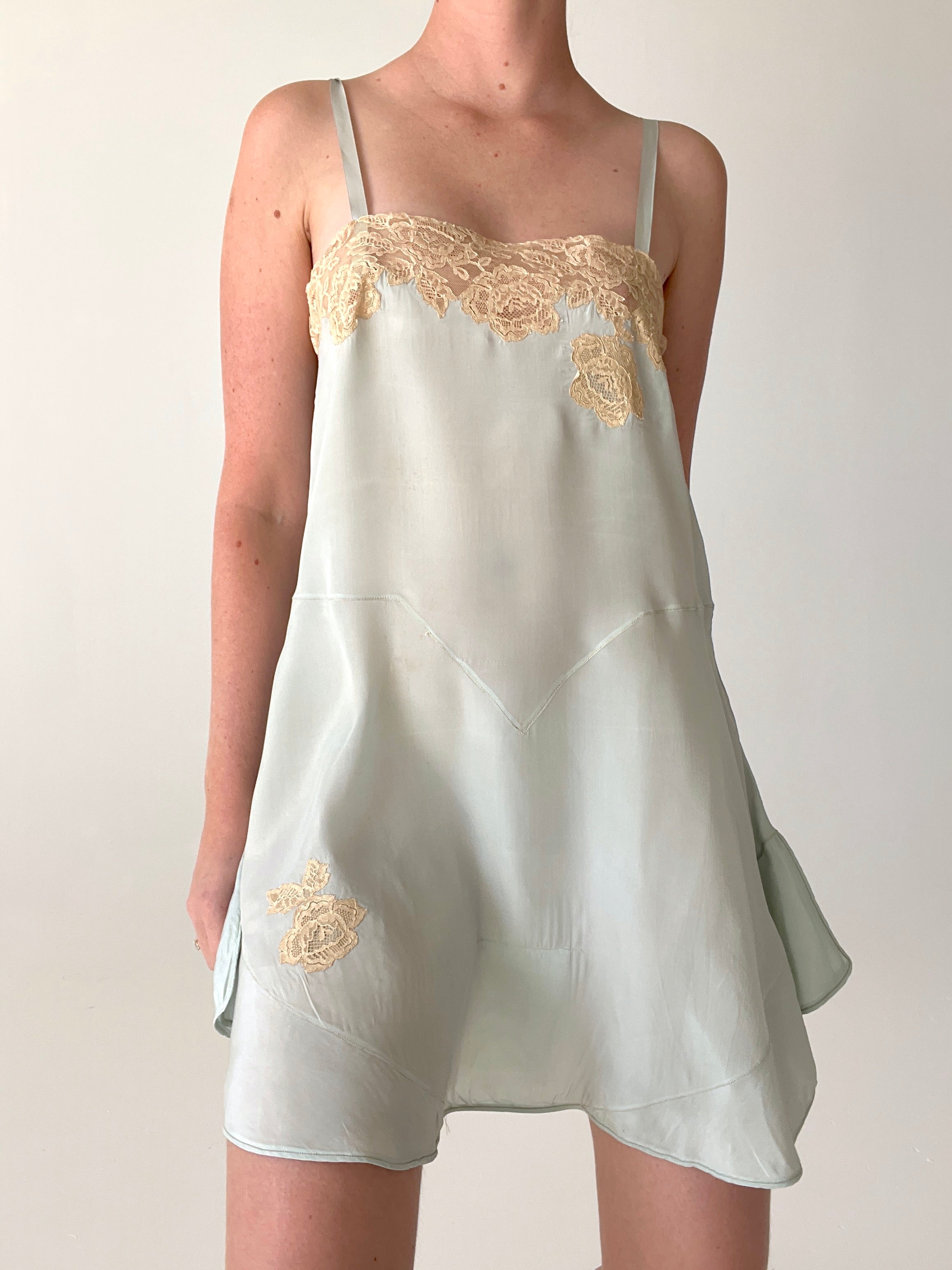 Unused 1920's Baby Blue Silk Step In With Cream Lace