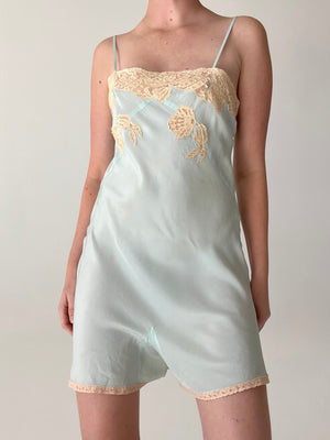 1930's Baby Blue Silk Step In With Cream Lace