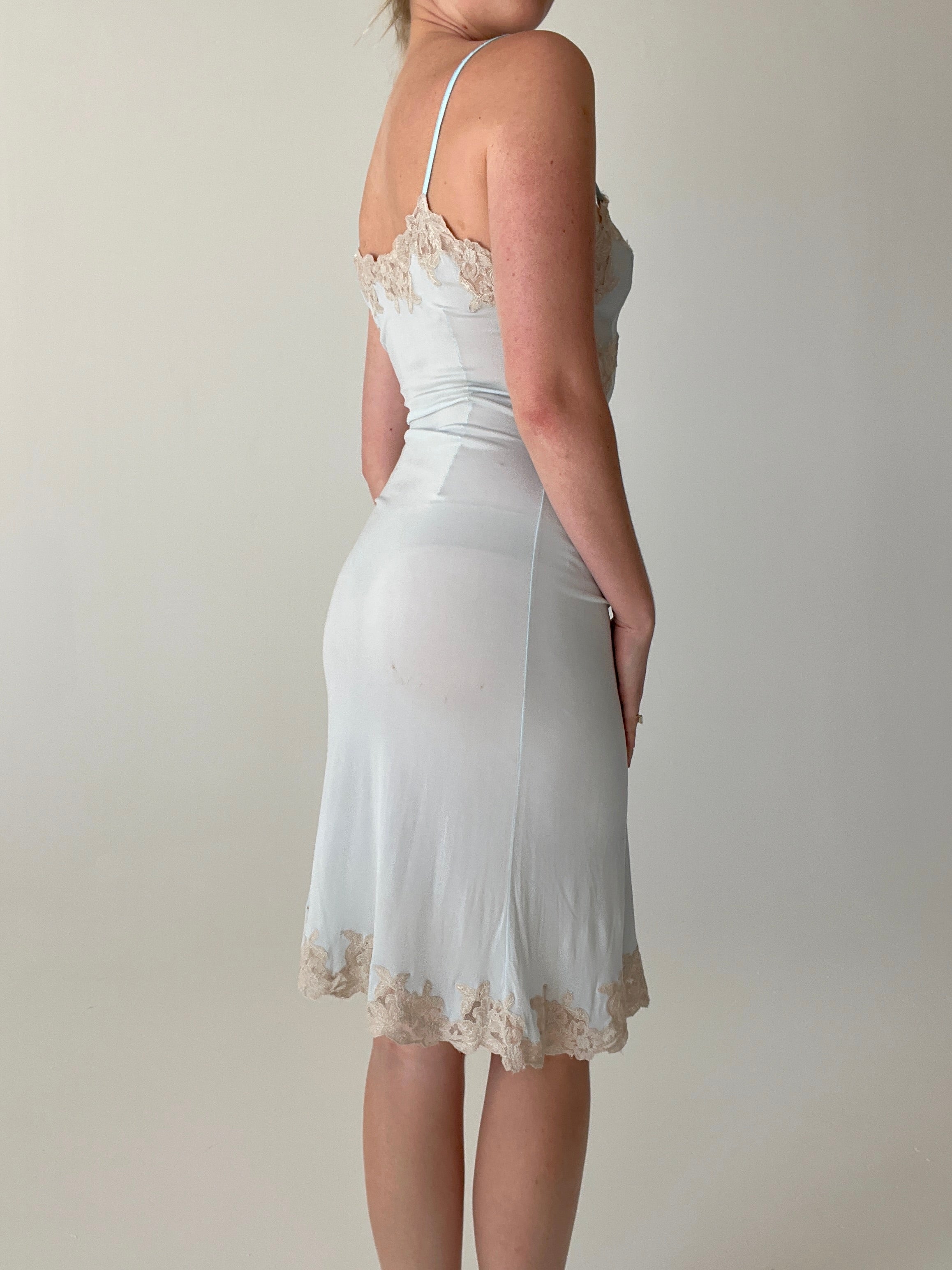 1940's Baby Blue Jersey Slip with Cream Lace