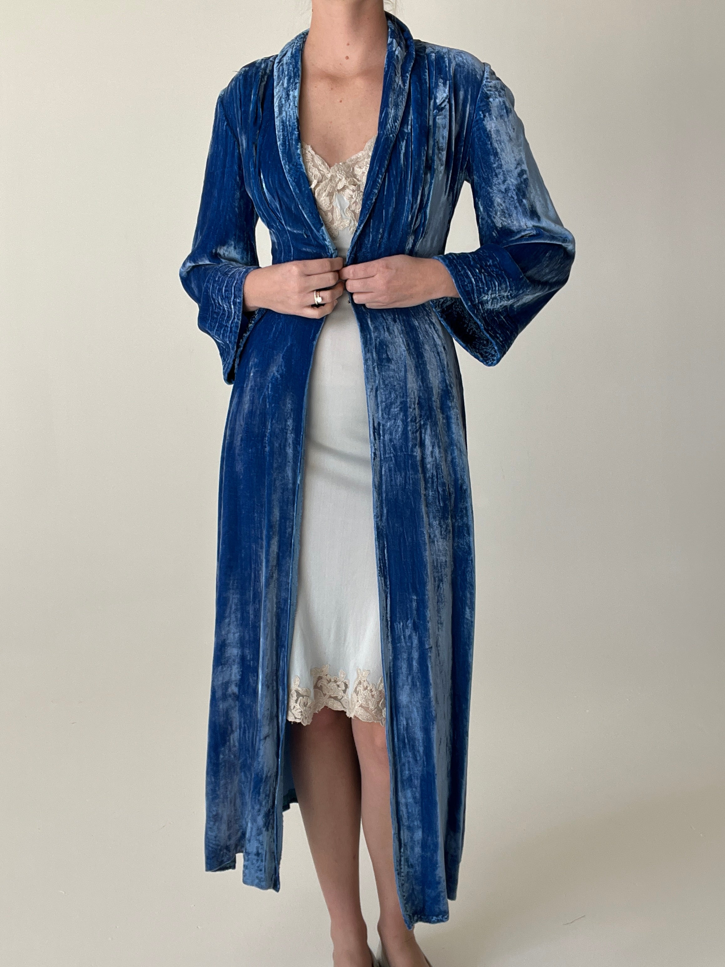 blue velvet dressing gown Men's Dressing Gown Smoking Jacket Robe Navy Blue Velvet | Gold Piped | Silk Lining