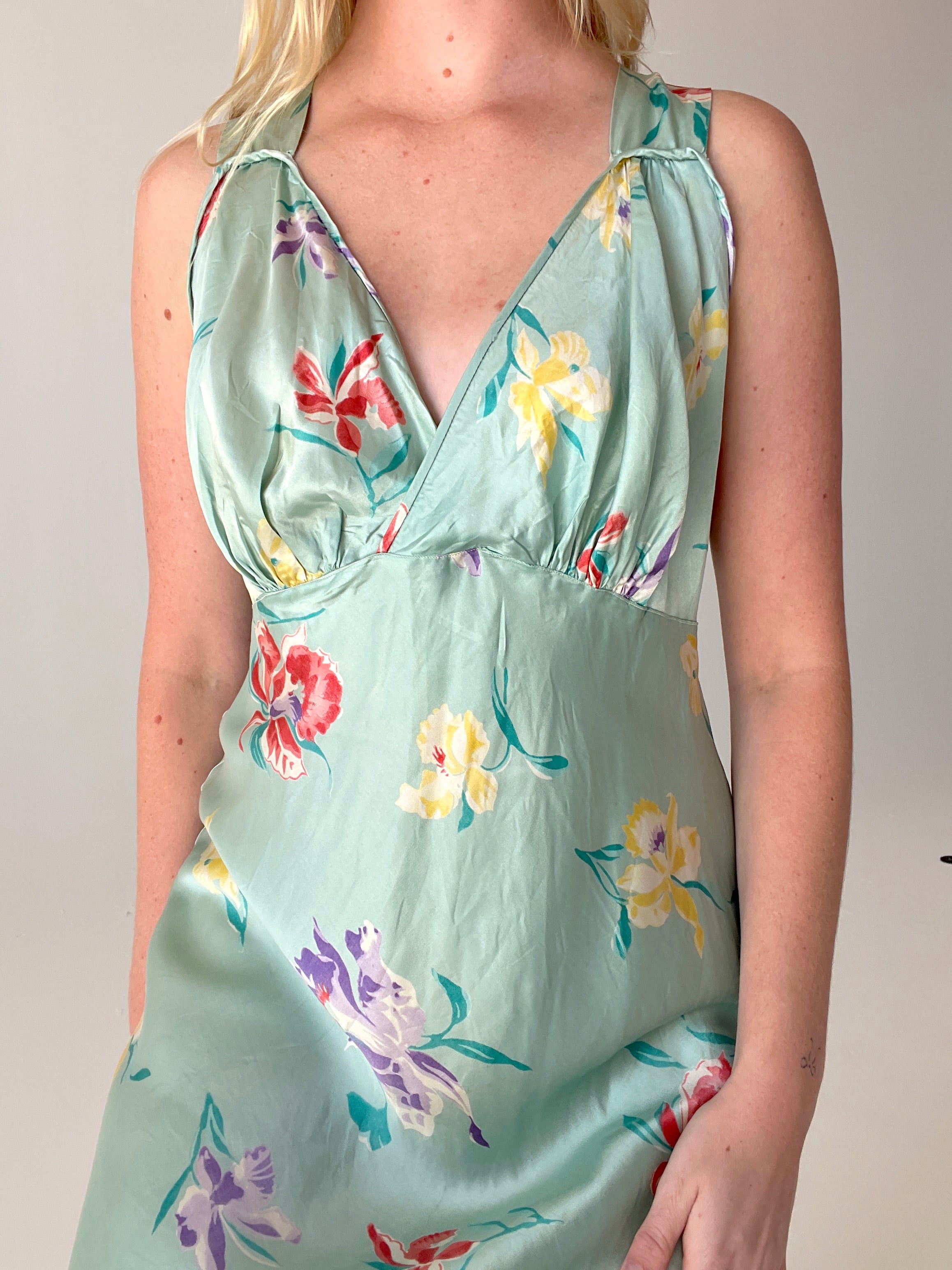 1930's Turquoise Tropical Floral Slip