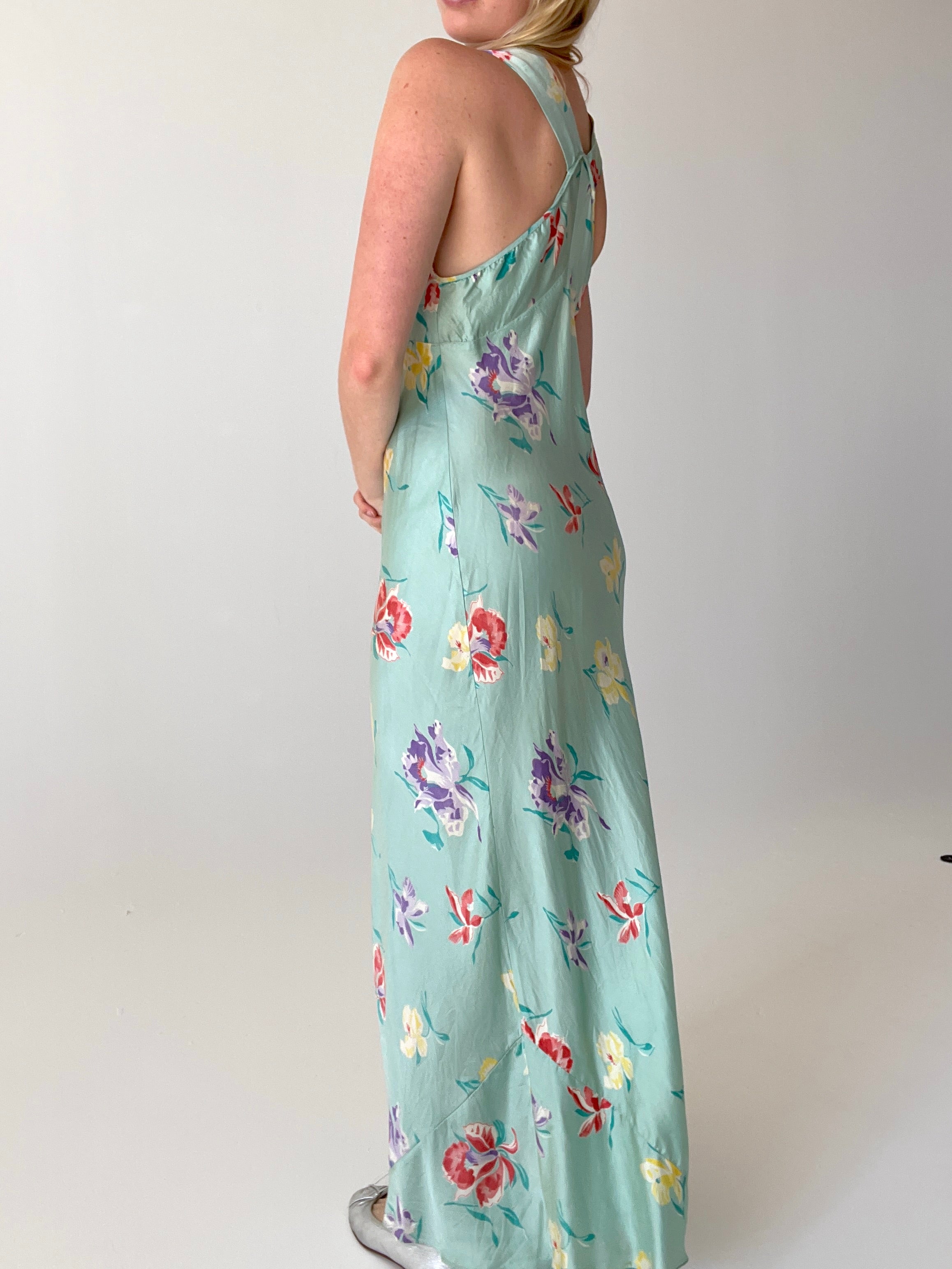 1930's Turquoise Tropical Floral Slip
