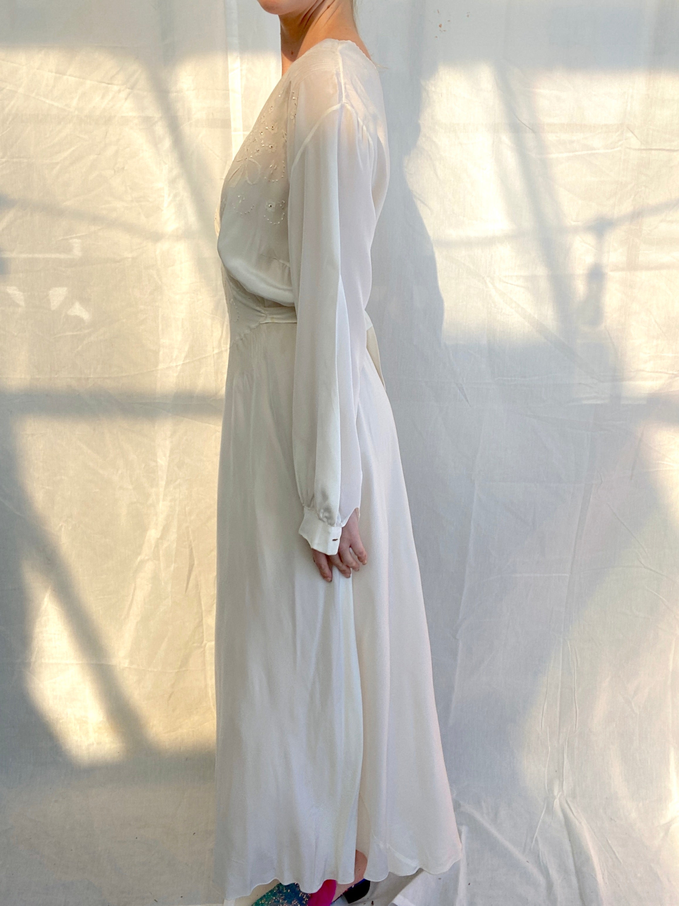 1930's Italian Long Sleeve Silk Dress with Delicate Floral and Bow Emb Eveliina Vintage 1930's Italian Long Sleeve Silk Dress with Delicate Floral and Bow Emb Eveliina Vintage