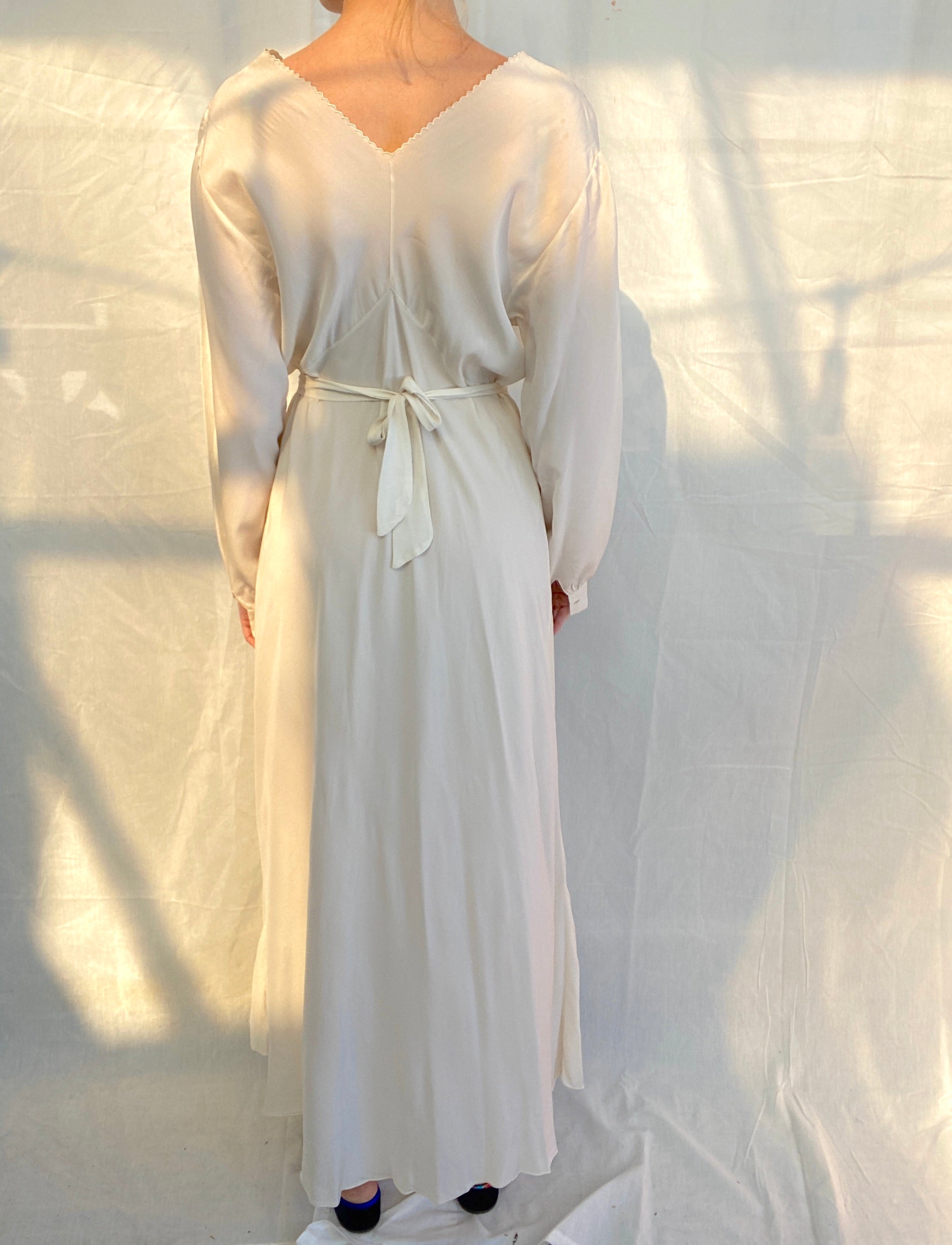 1930's Italian Long Sleeve Silk Dress with Delicate Floral and Bow Embroidery