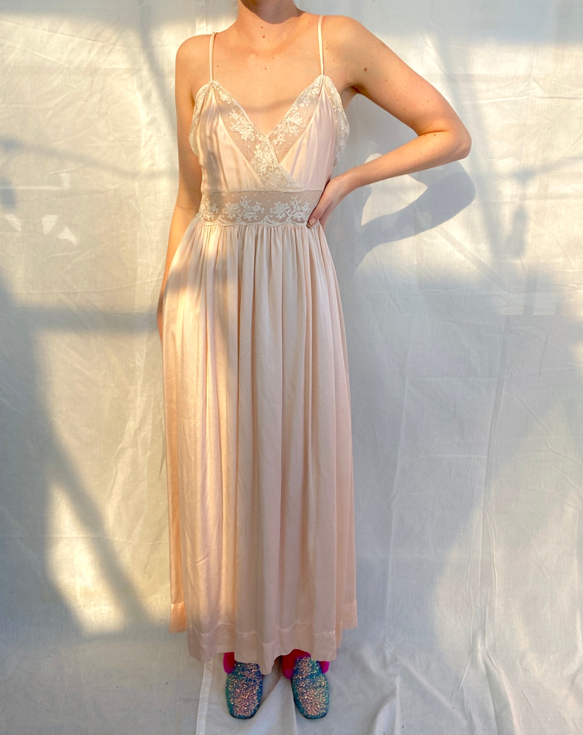 1930's Pink Baby Doll Silk Slip with Cream Lace