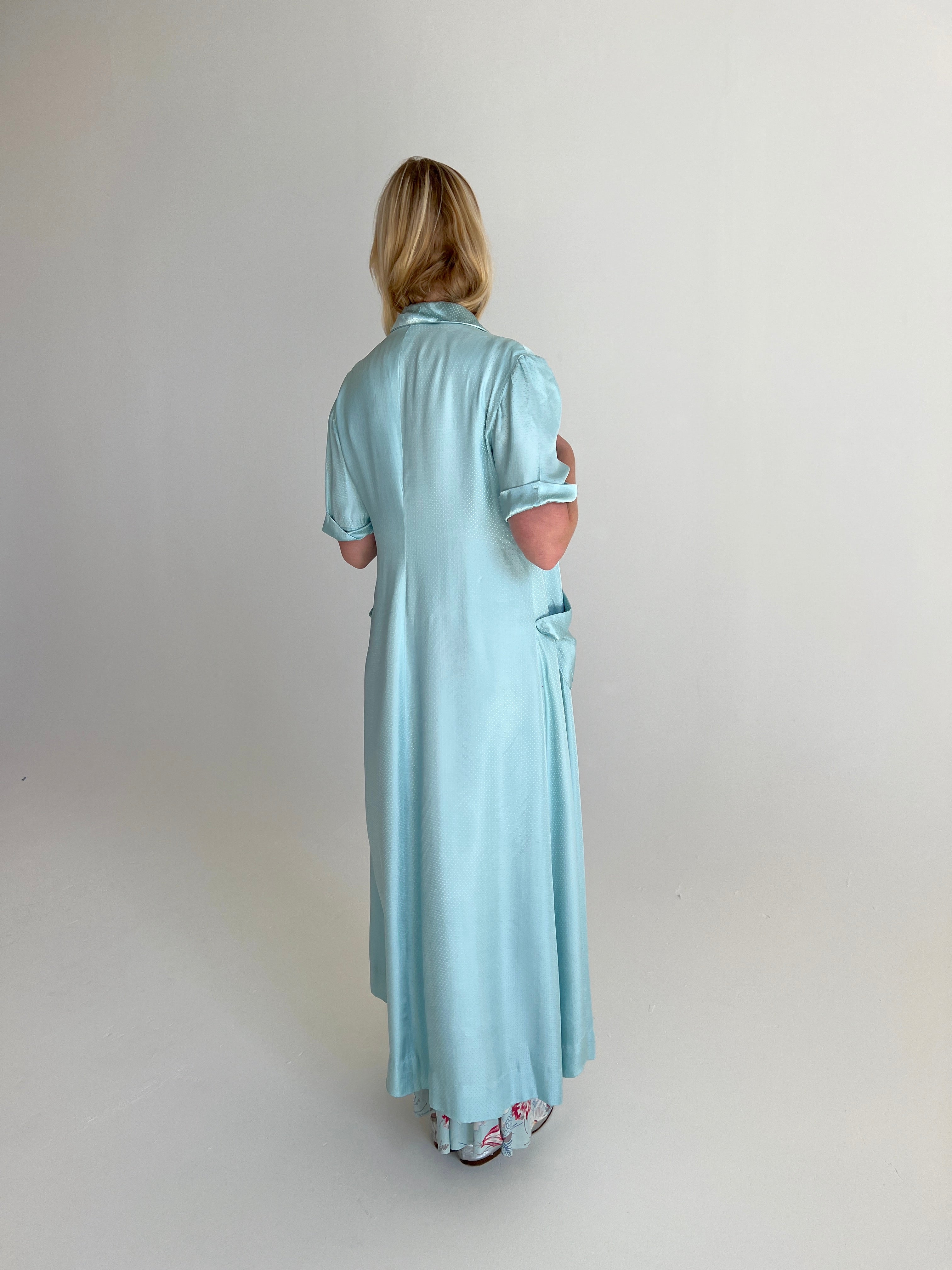 1930's Sky Blue Swiss Dot Silk Dressing Robe