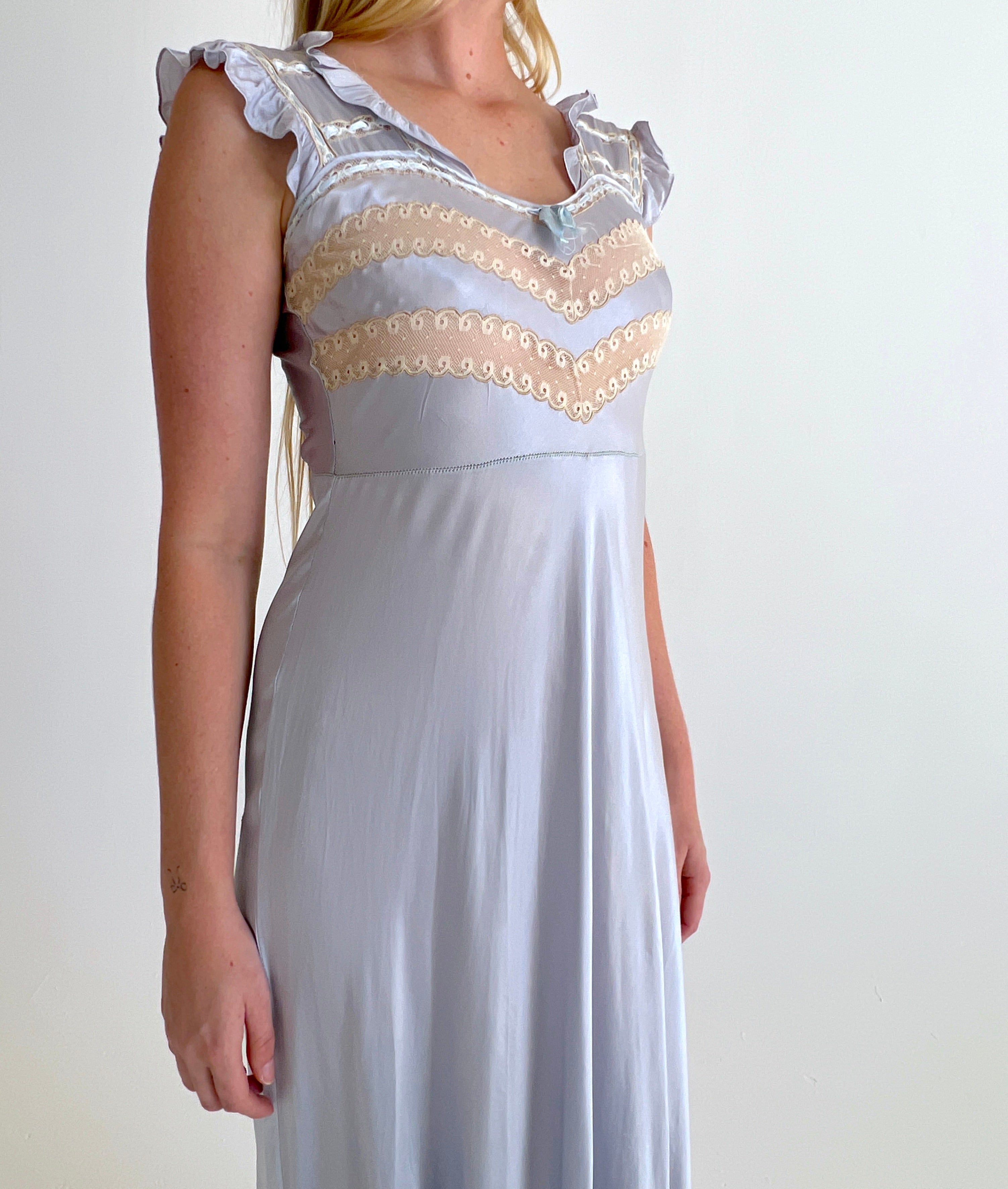 1940's Icy Blue Silk Dress with Cream Lace