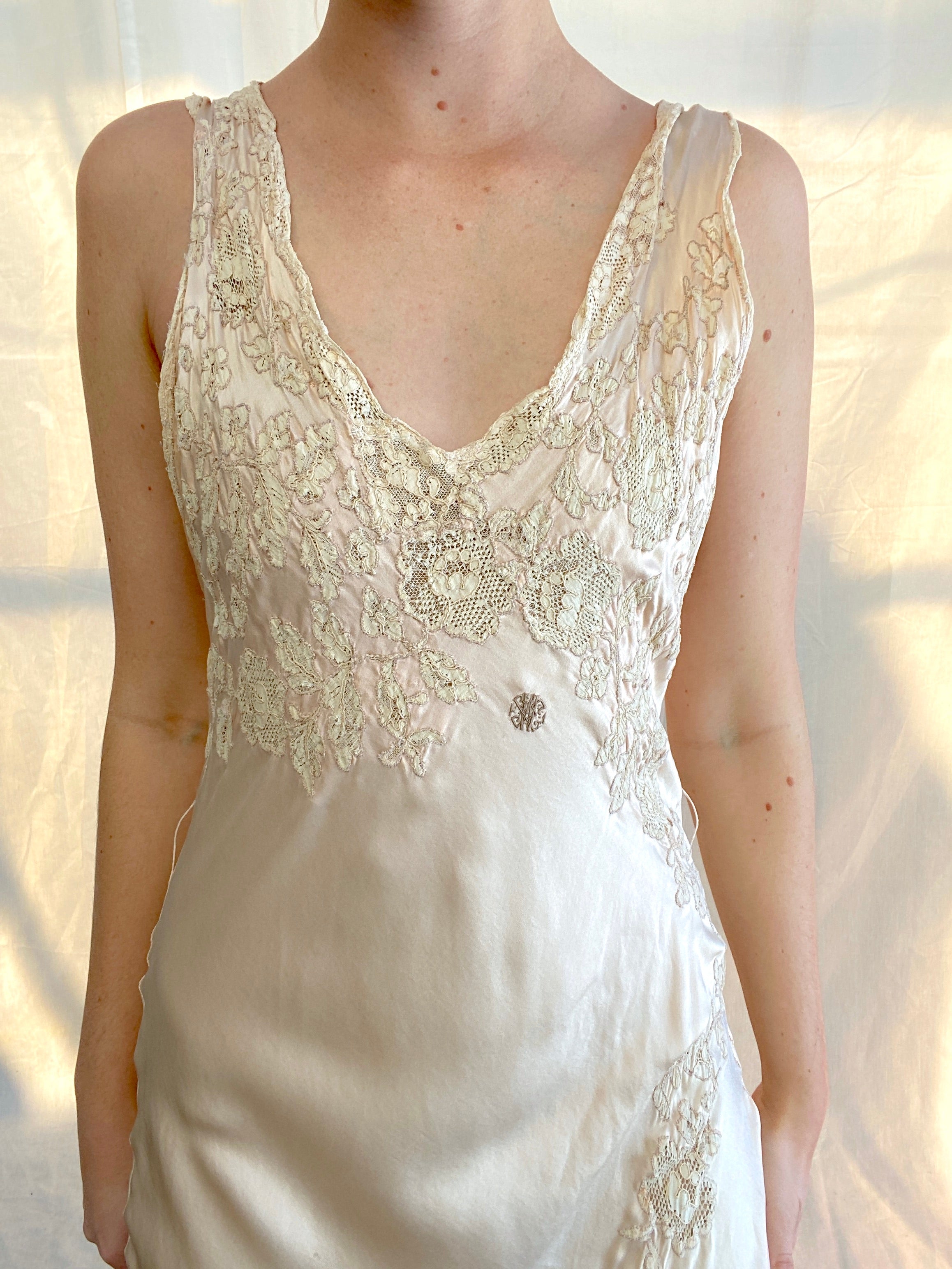 1930's Pale Pink Silk Slip with Creme Lace Inserts