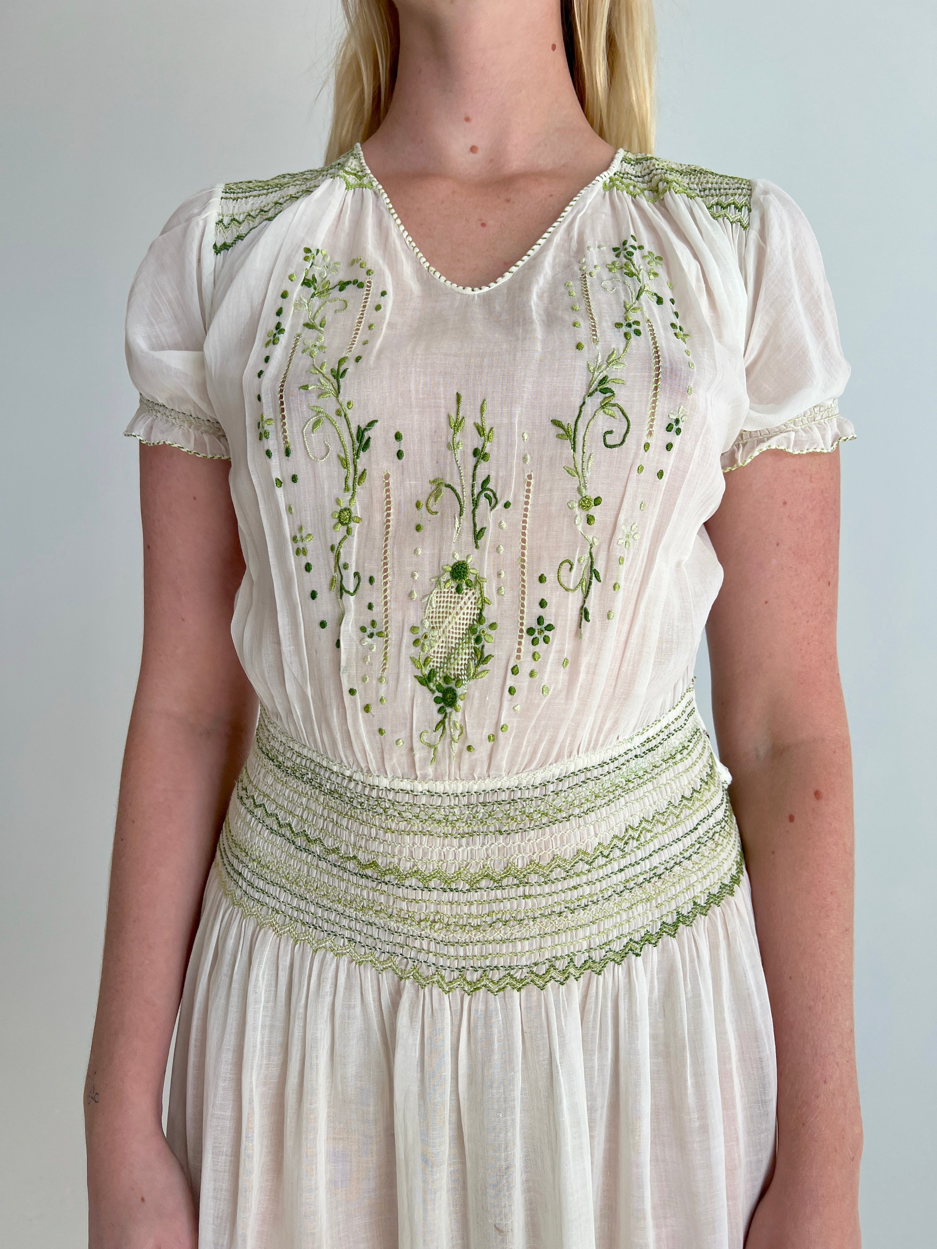 Green Embroidered Hungarian White Cotton Dress