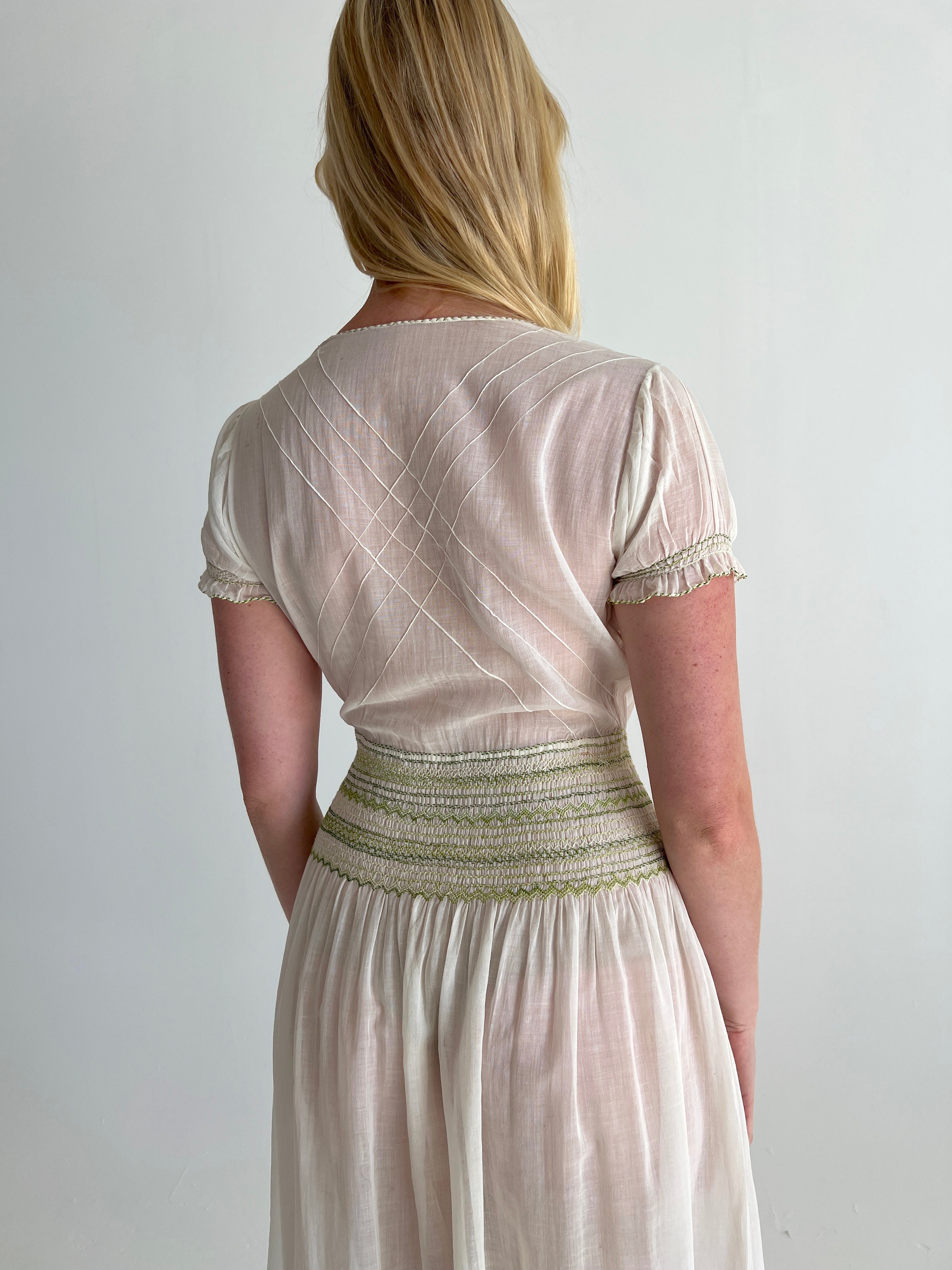 Green Embroidered Hungarian White Cotton Dress