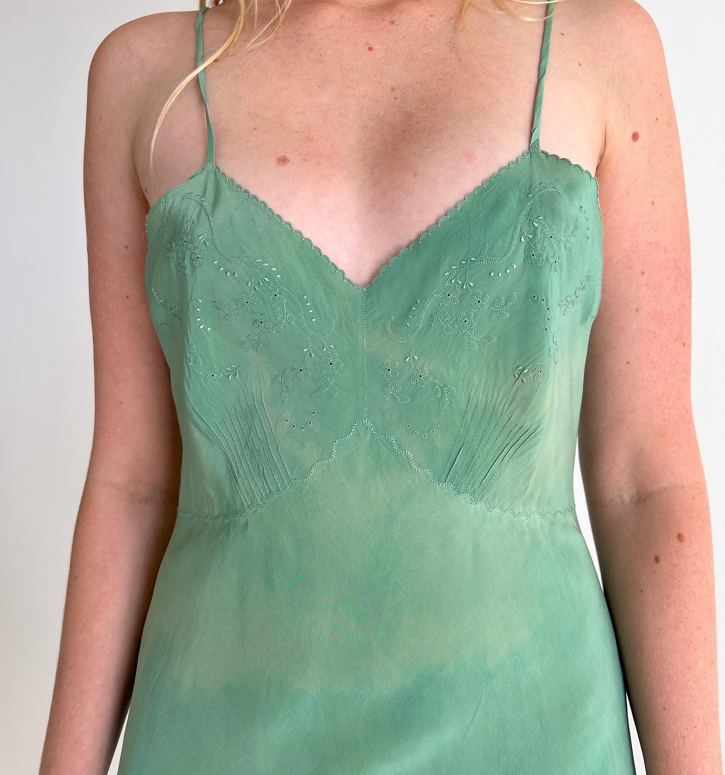 Hand Dyed Leafy Green Embroidered Silk Slip