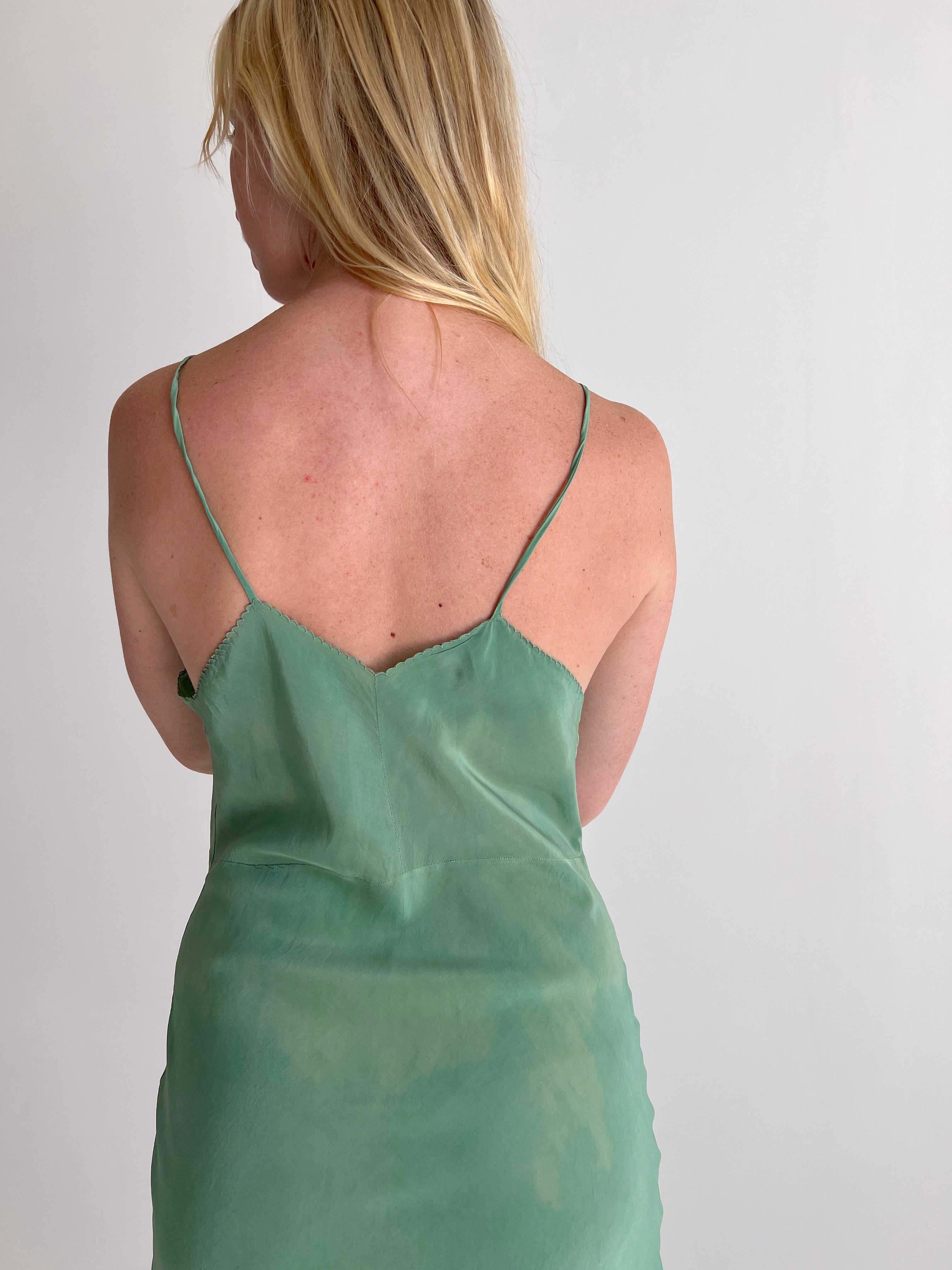 Hand Dyed Leafy Green Embroidered Silk Slip