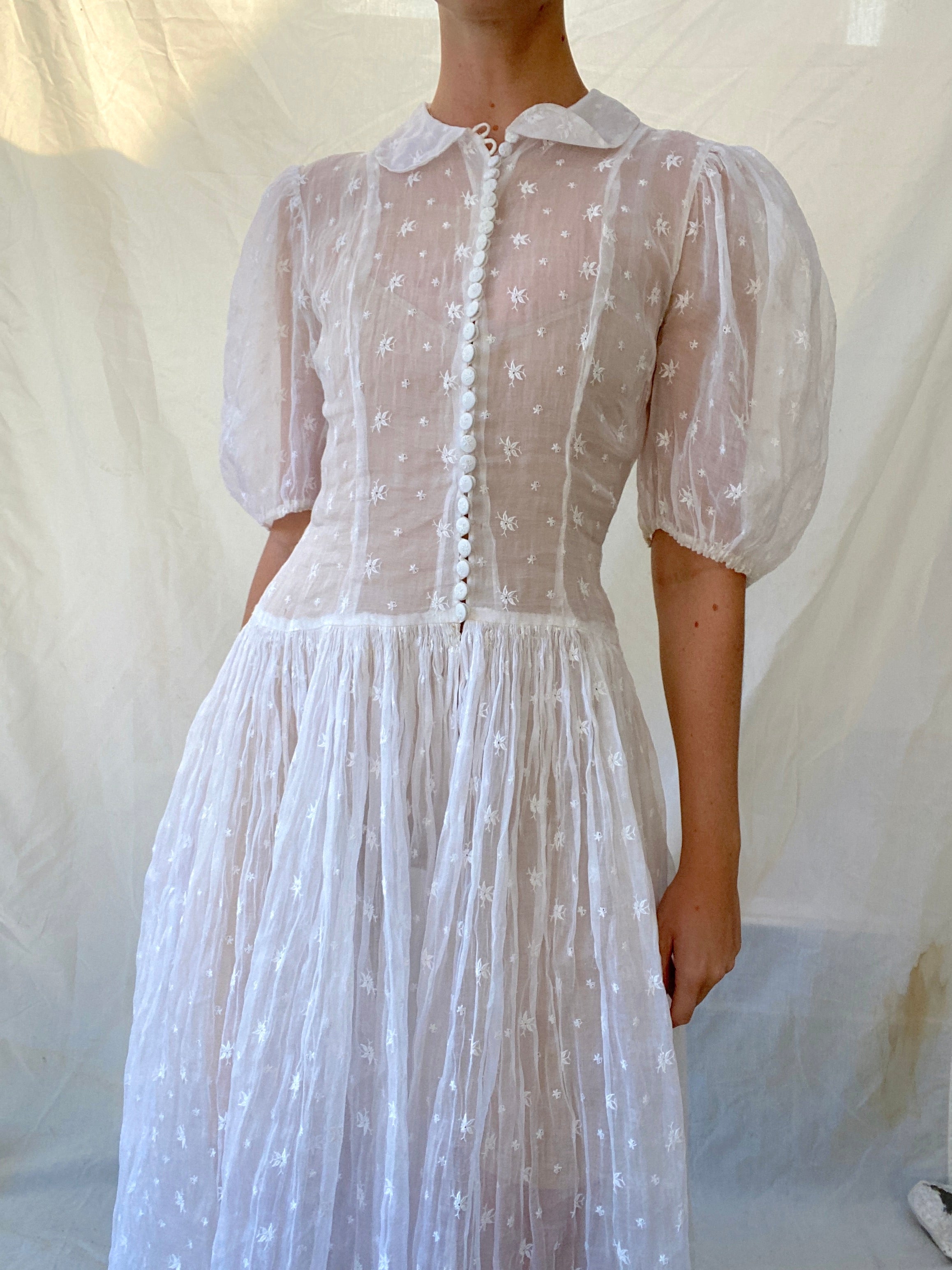 1930's White Organza Dress with Puffed Sleeves and Floral Embroidery