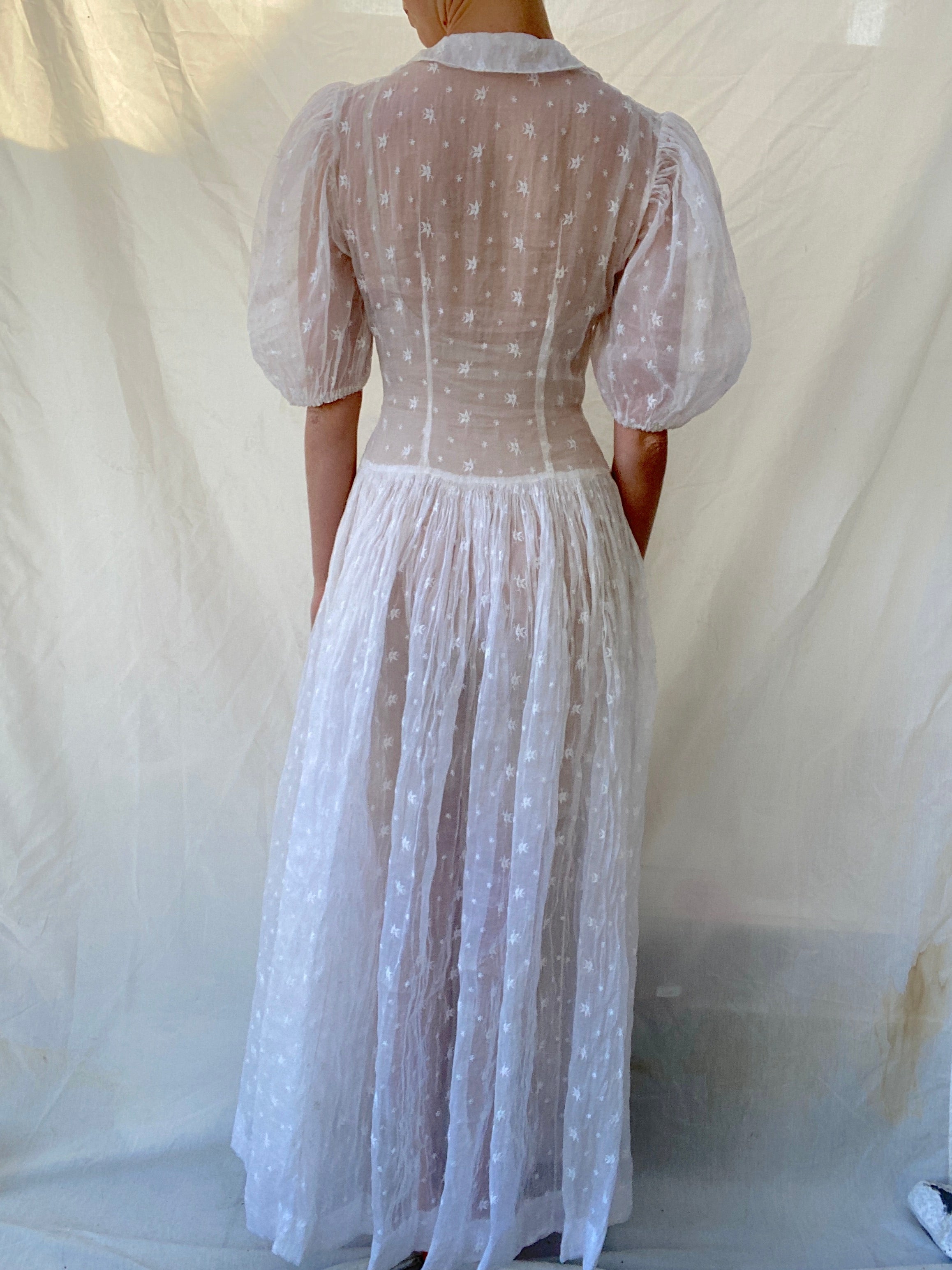1930's White Organza Dress with Puffed Sleeves and Floral Embroidery
