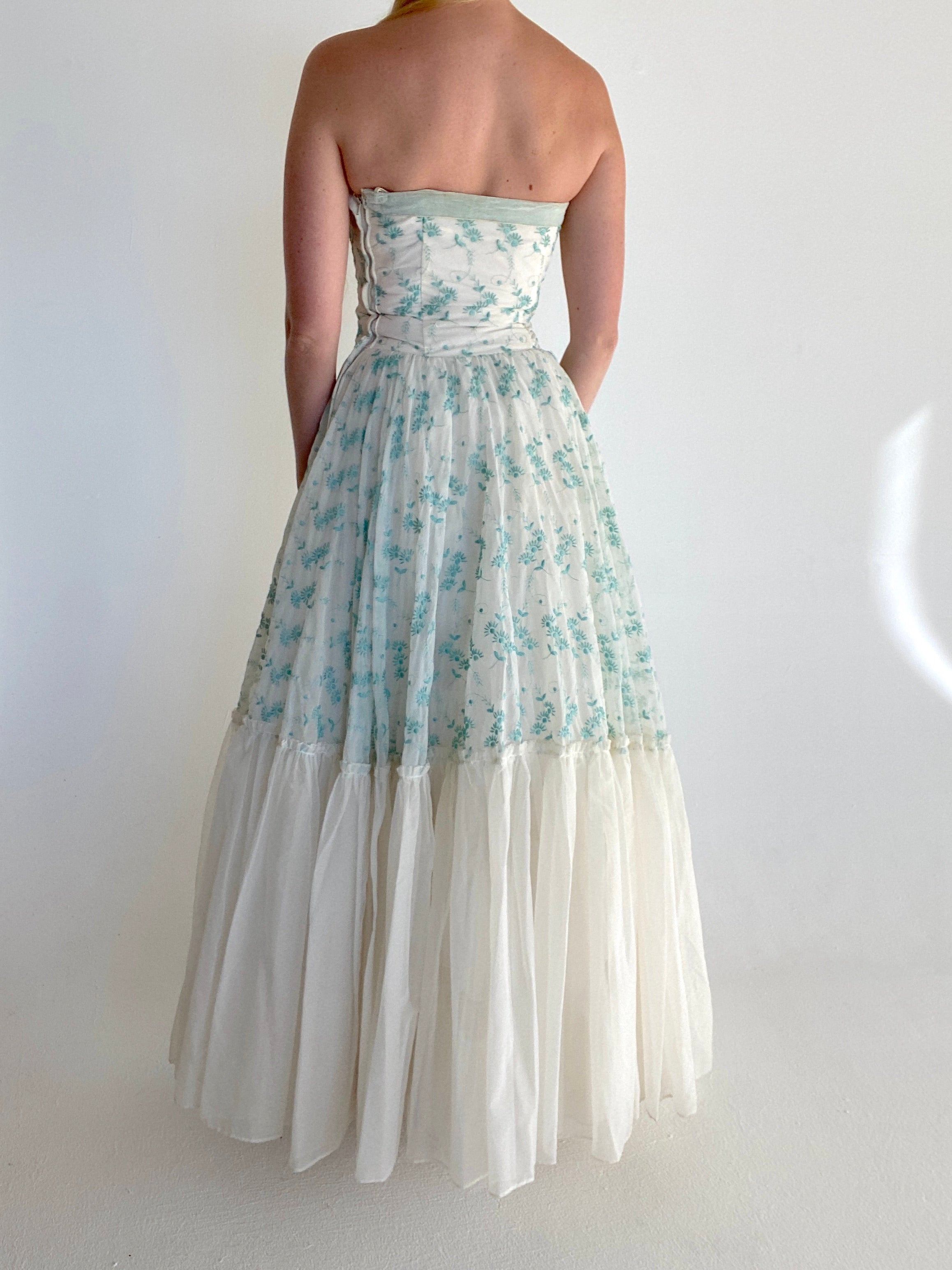 Strapless 1940's Embroidered Turquoise Floral Party Dress