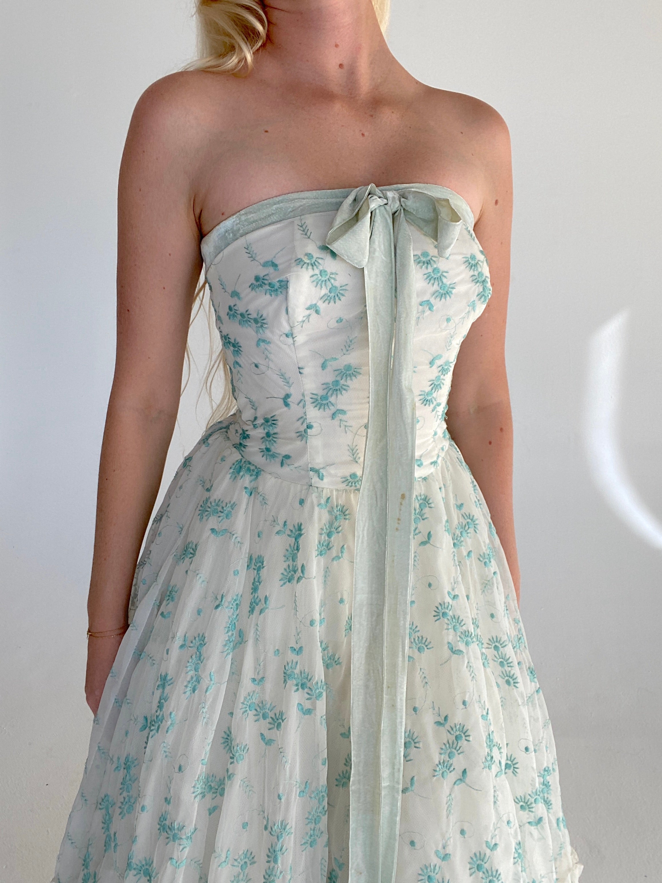 Strapless 1940's Embroidered Turquoise Floral Party Dress