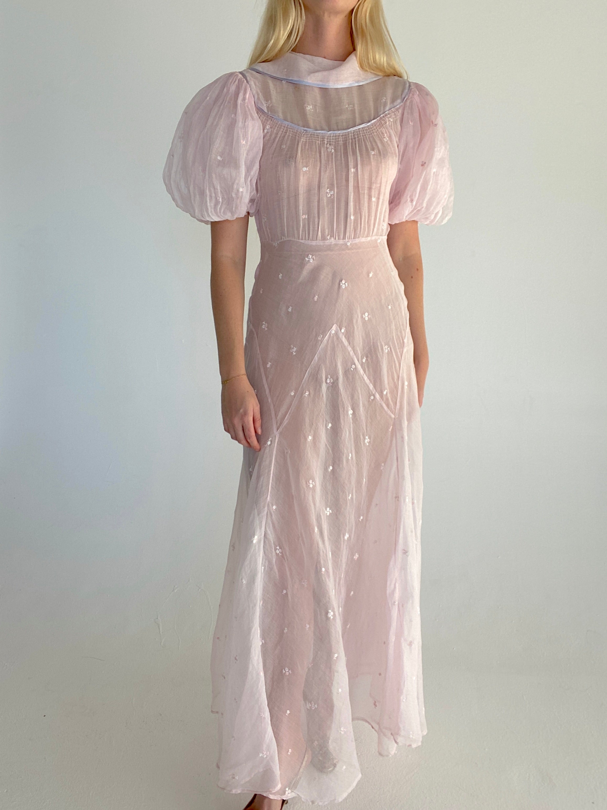 1930's Baby Pink Organza Puffed Sleeve Gown with Floral Embroidery