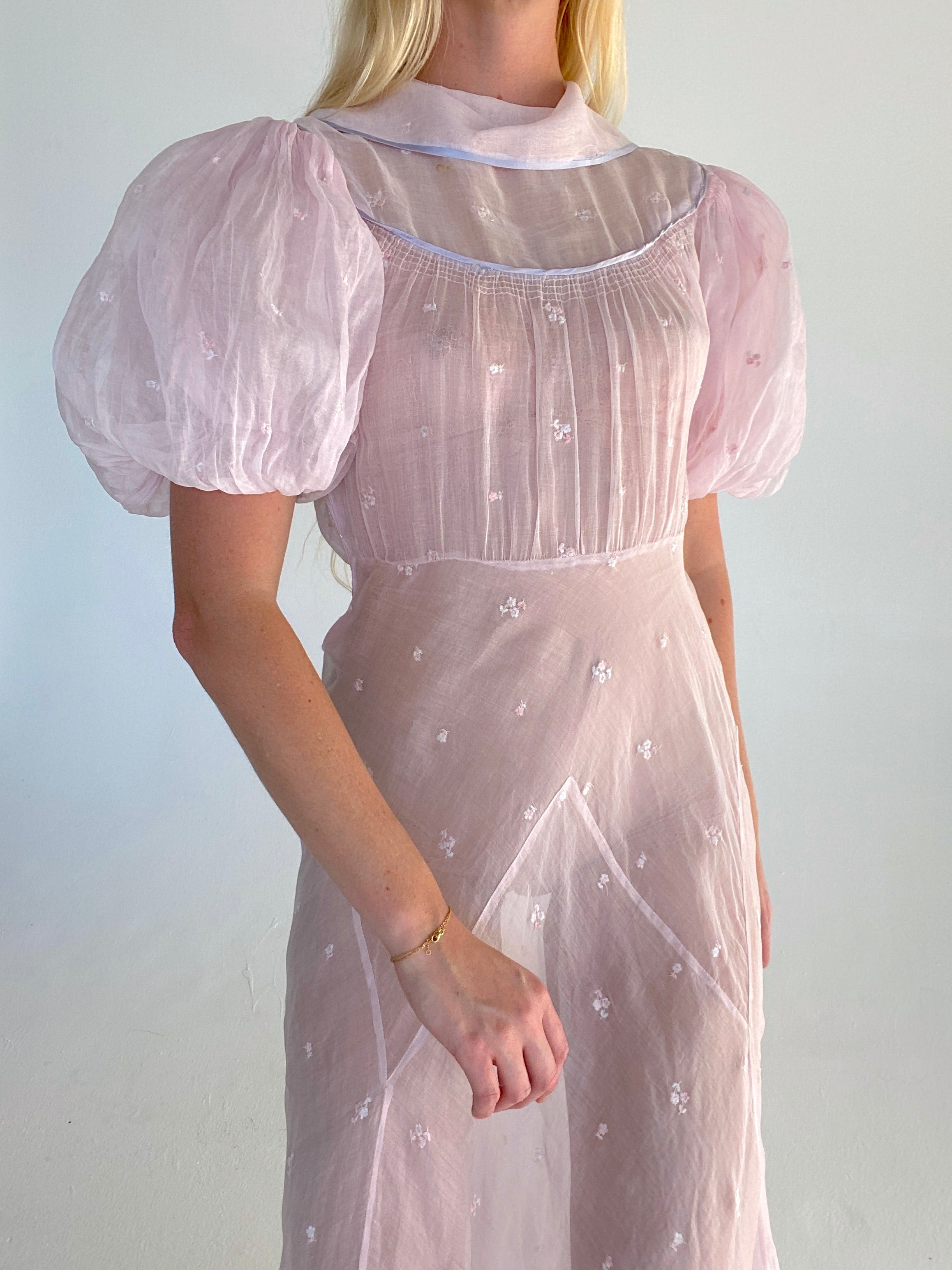 1930's Baby Pink Organza Puffed Sleeve Gown with Floral Embroidery