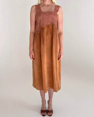 Hand Dyed Brown Silk Dress with Lace