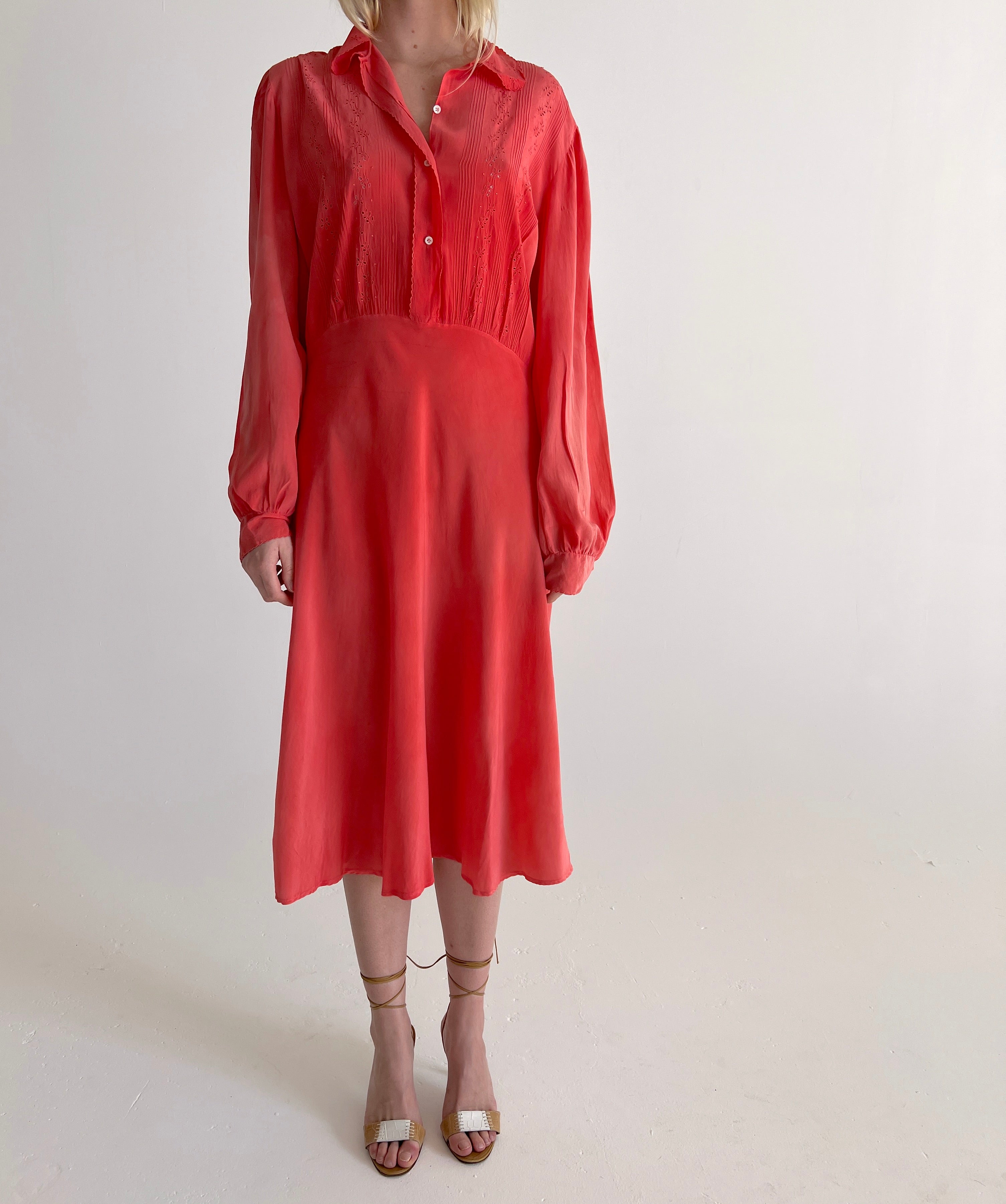Hand Dyed Coral Embroidered Silk Long Sleeve Dress
