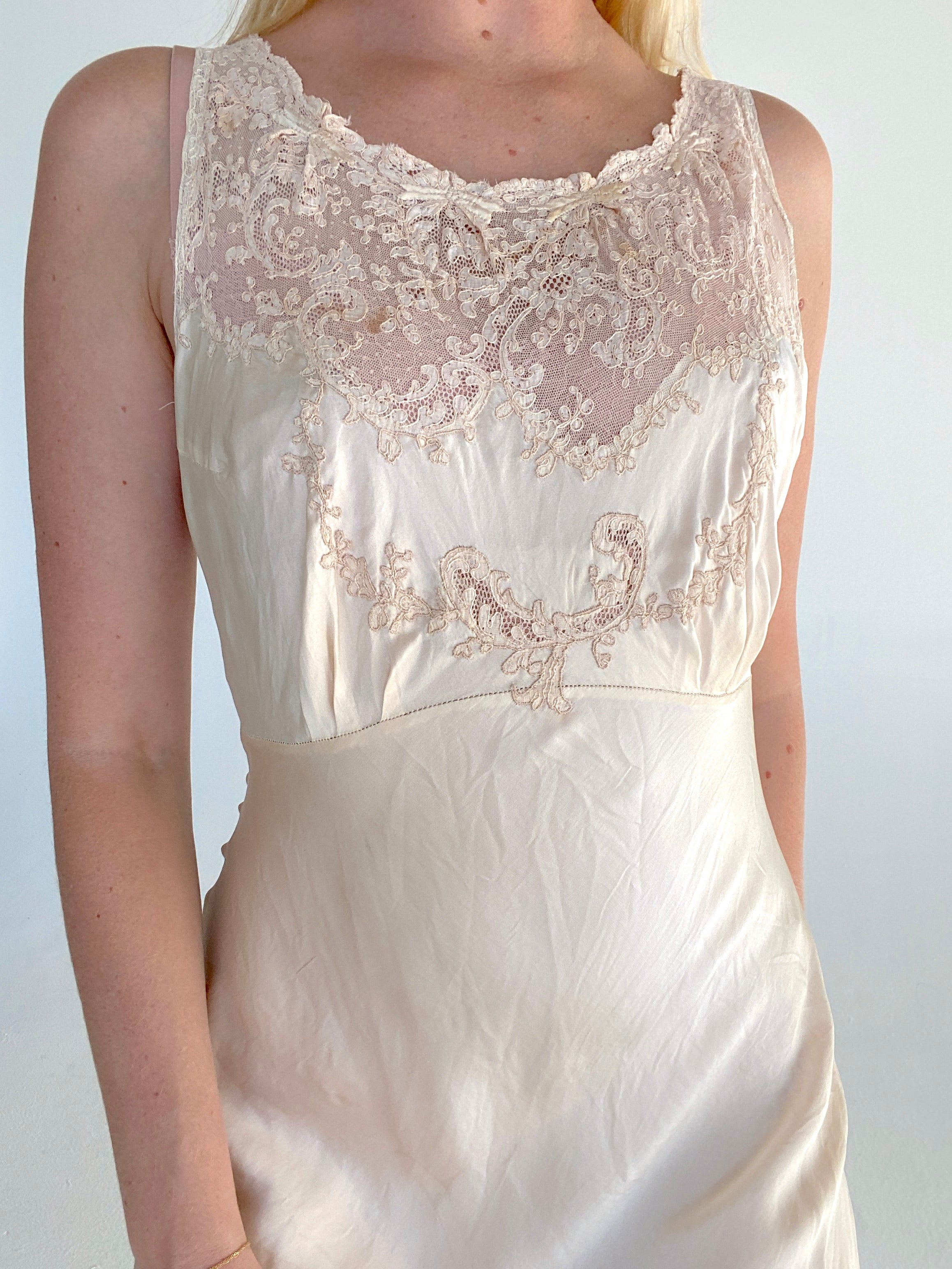 1930's White Silk Slip with Bow Embroidery and Lace Inserts