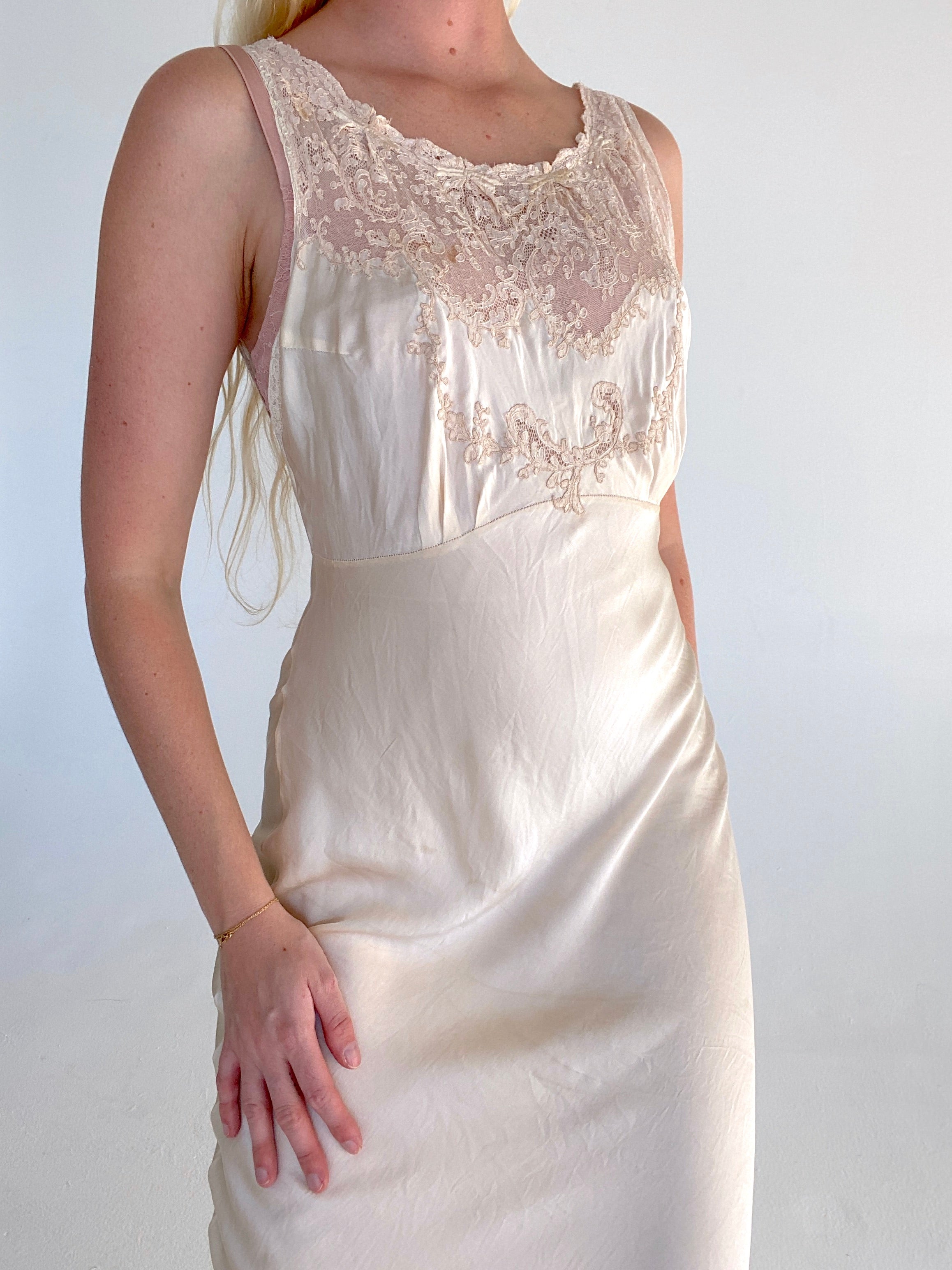 1930's White Silk Slip with Bow Embroidery and Lace Inserts