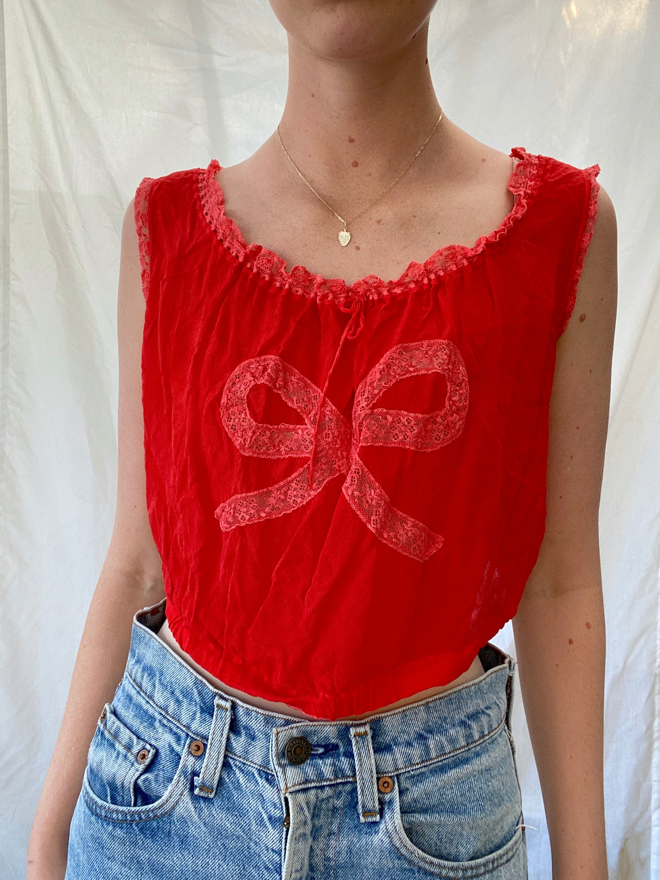 Hand Dyed Strawberry Red Victorian Chiffon Bow Top