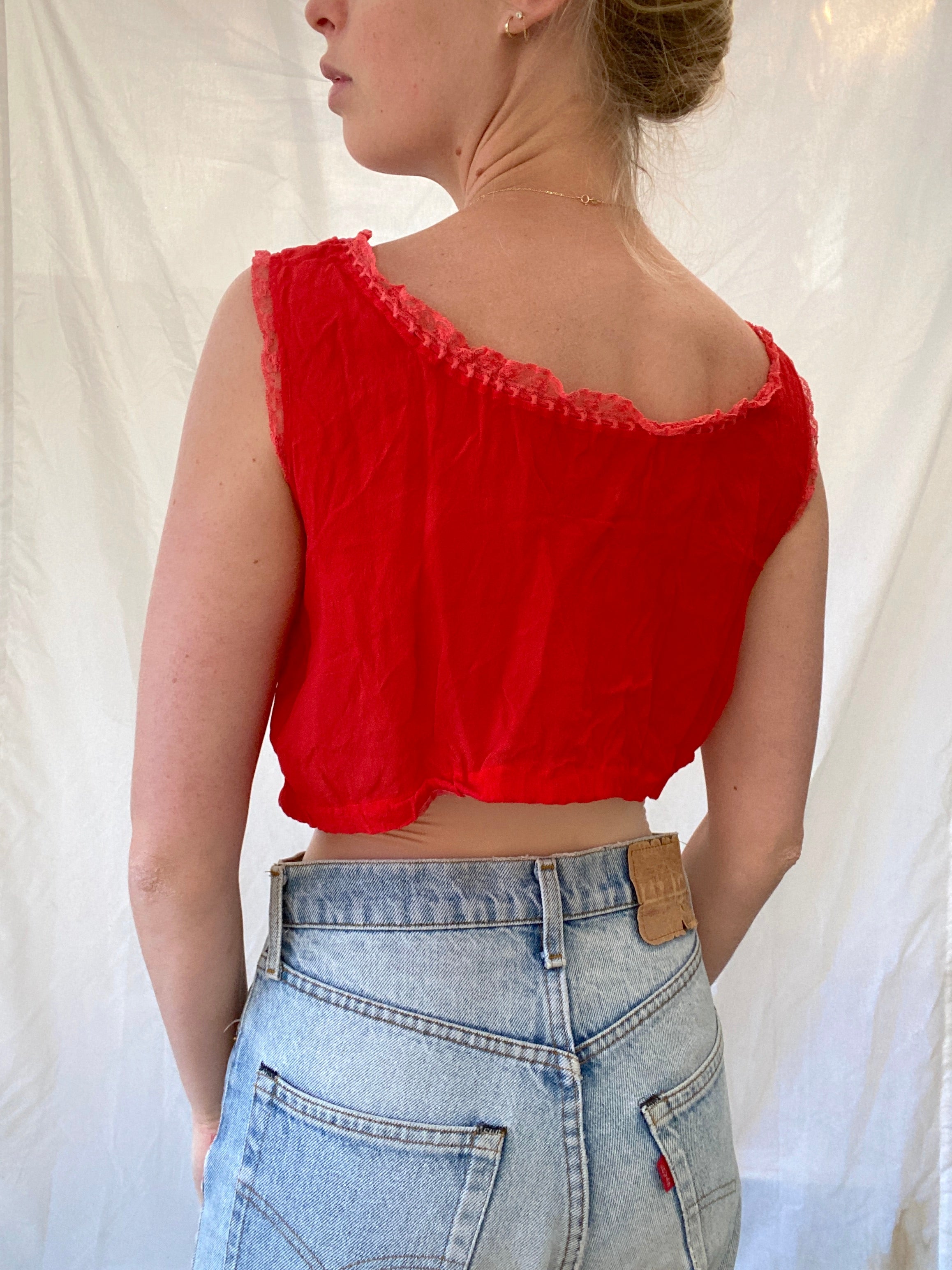 Hand Dyed Strawberry Red Victorian Chiffon Bow Top