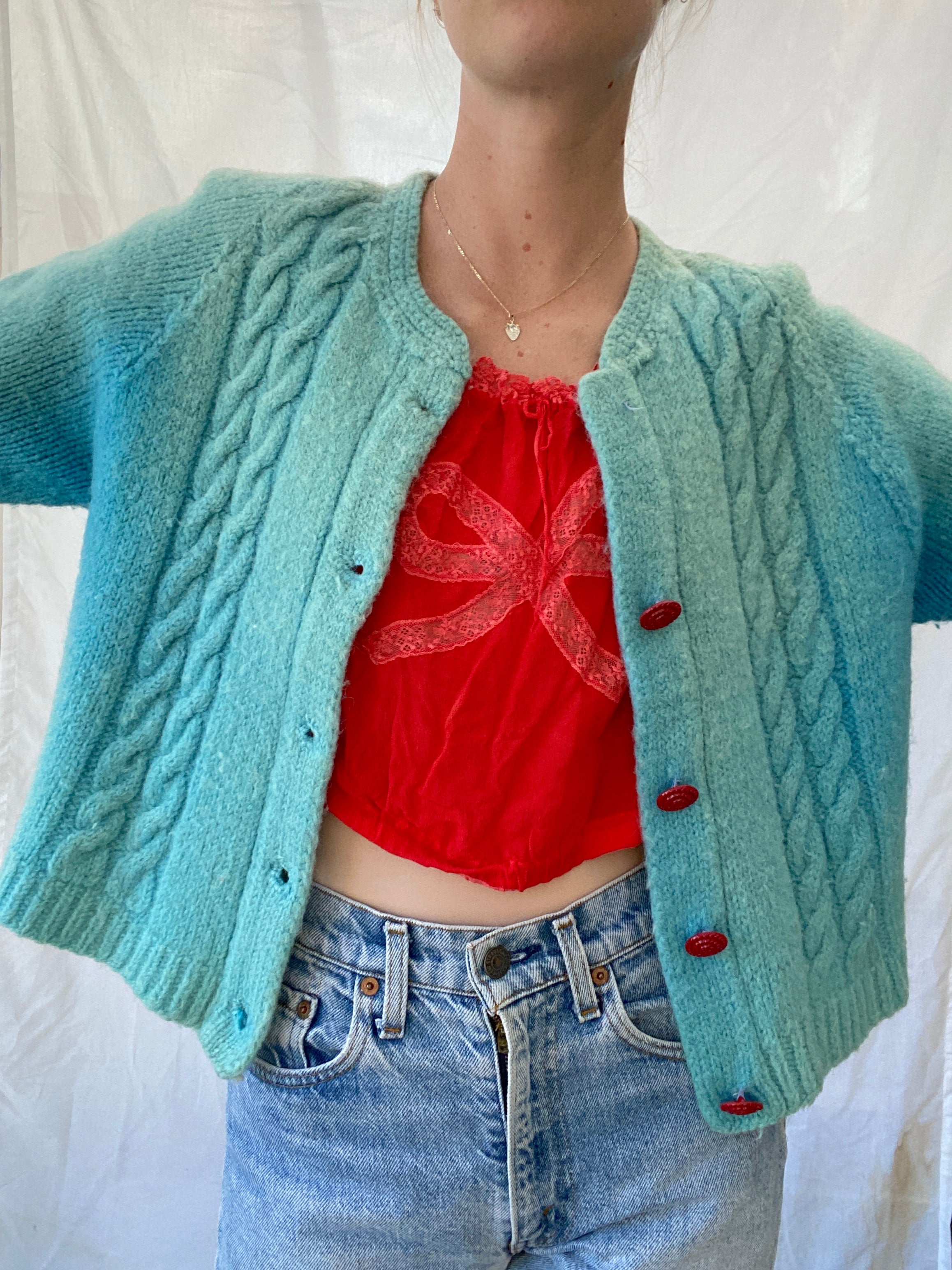 Ocean Blue Cardigan with Red Buttons