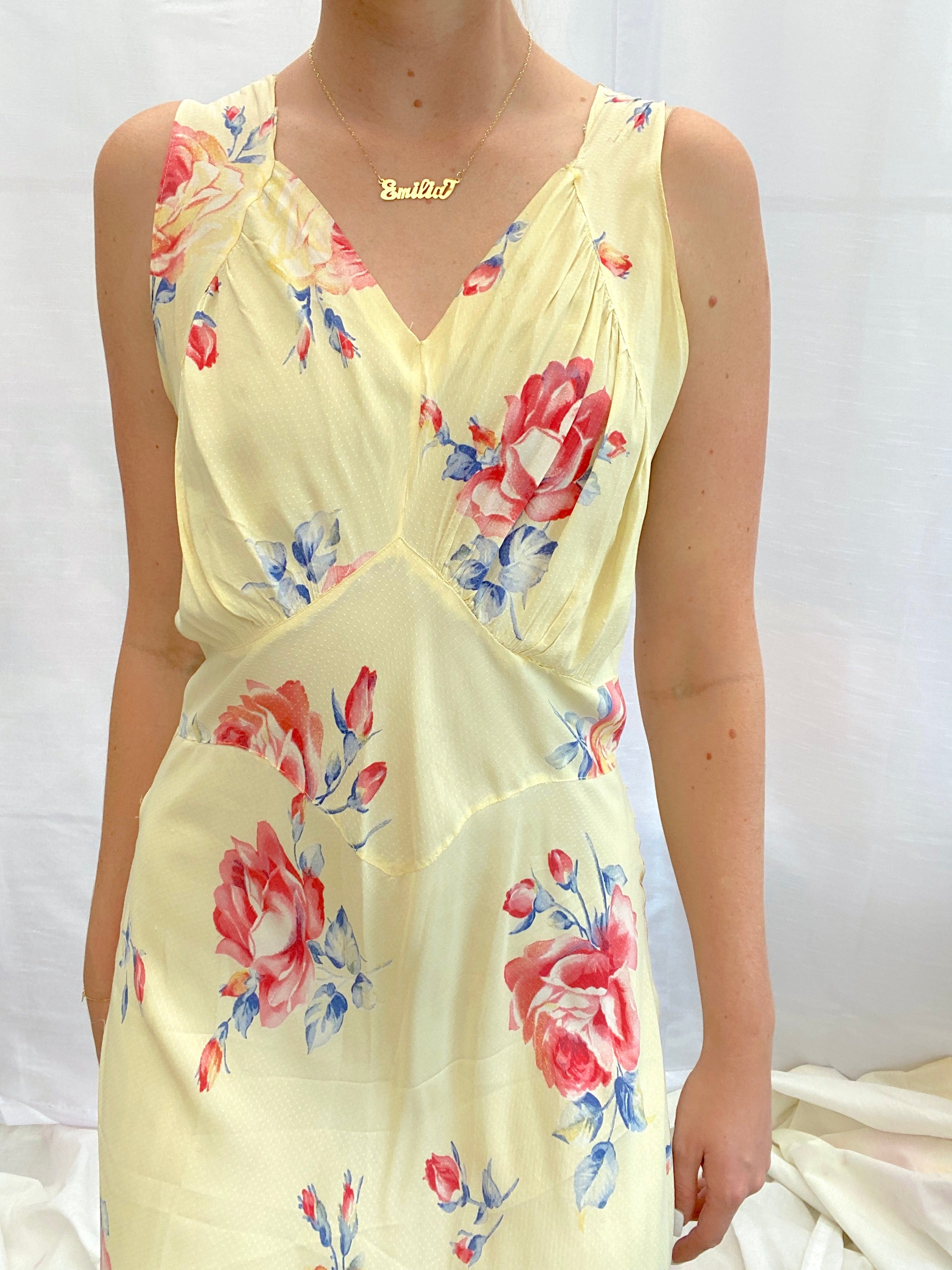 1930's Yellow Floral and Swiss Dot Print Slip