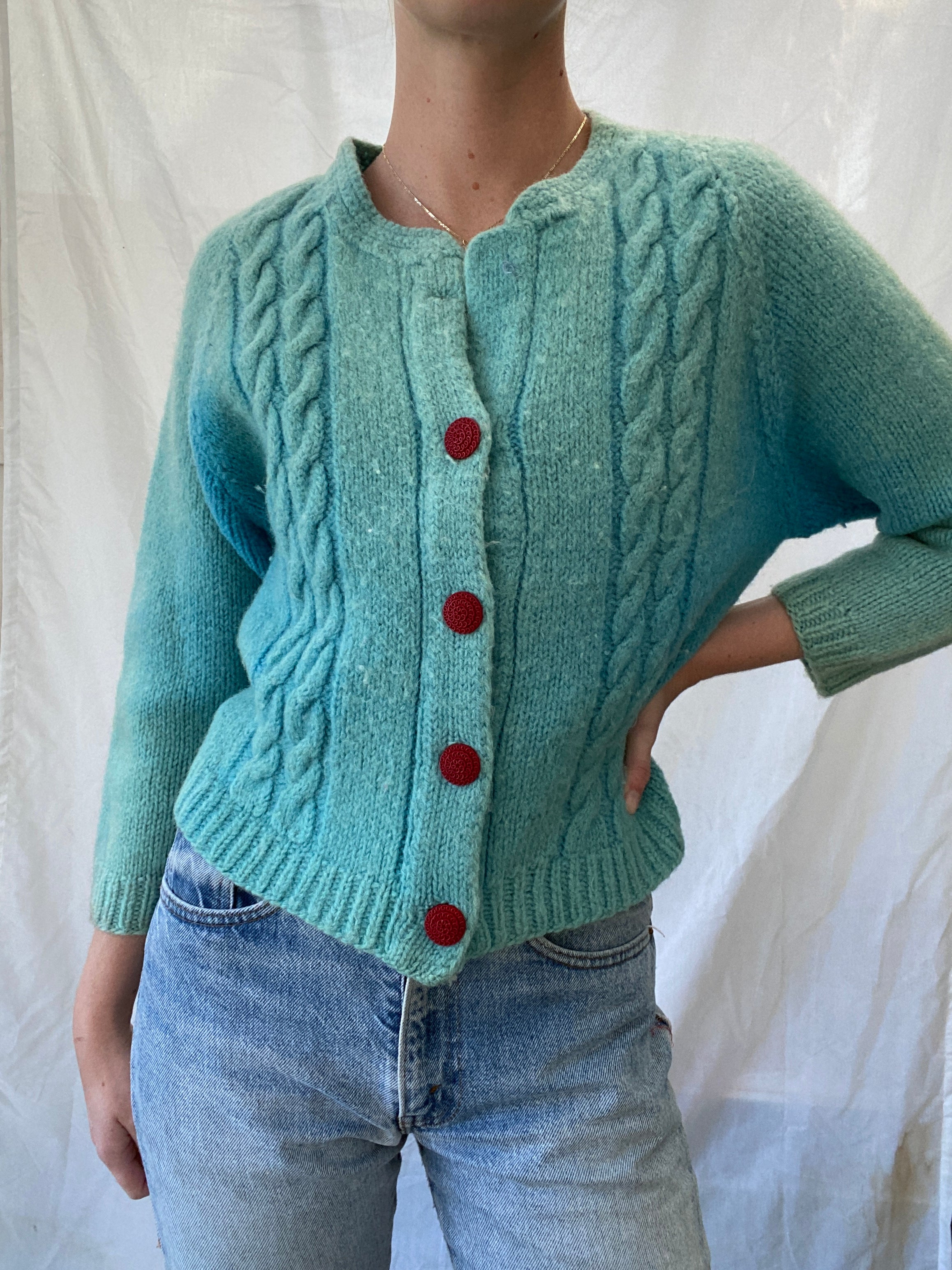 Ocean Blue Cardigan with Red Buttons