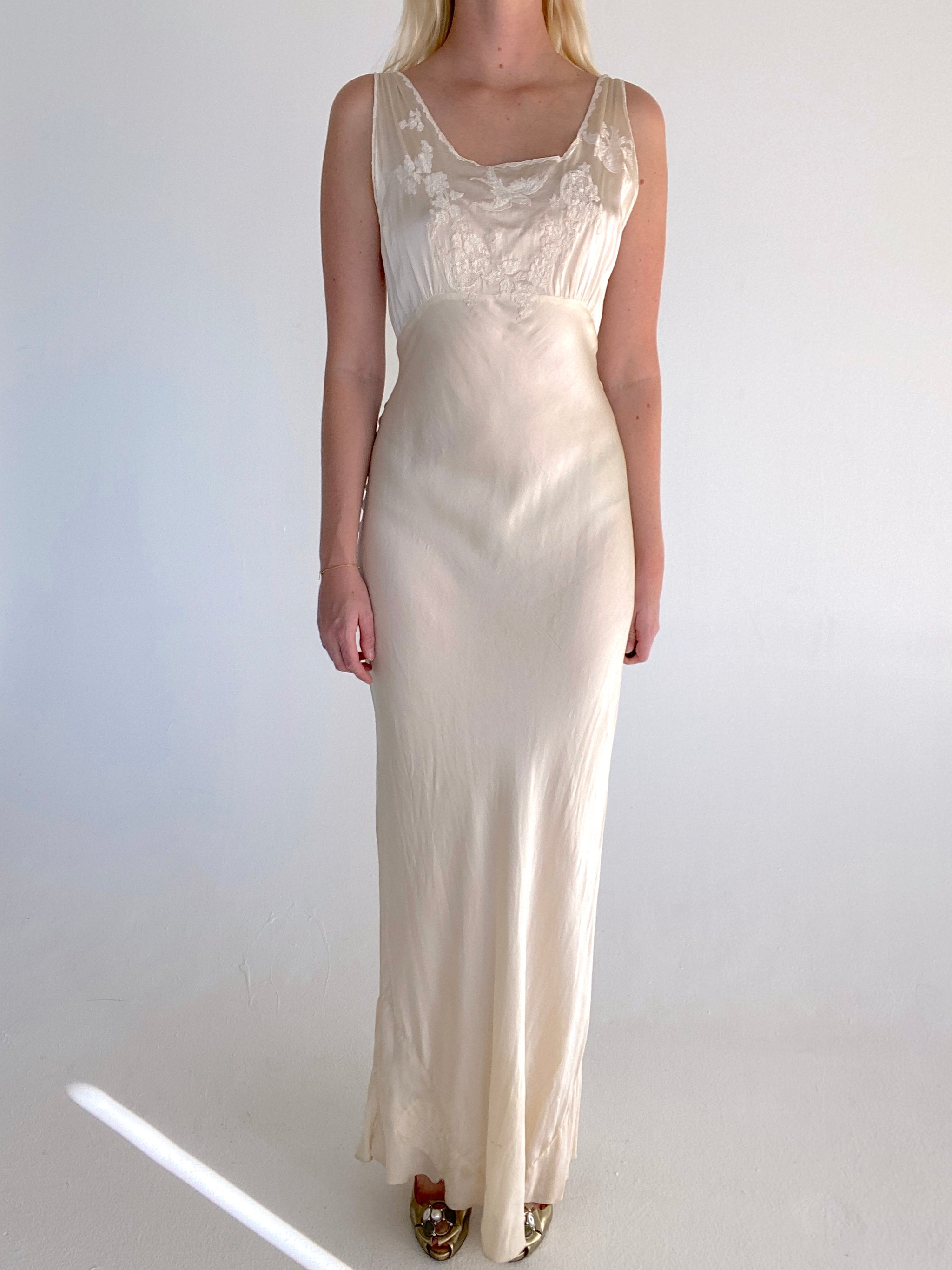 1930's Cream Silk Slip Dress with Bird Embroidery Lace