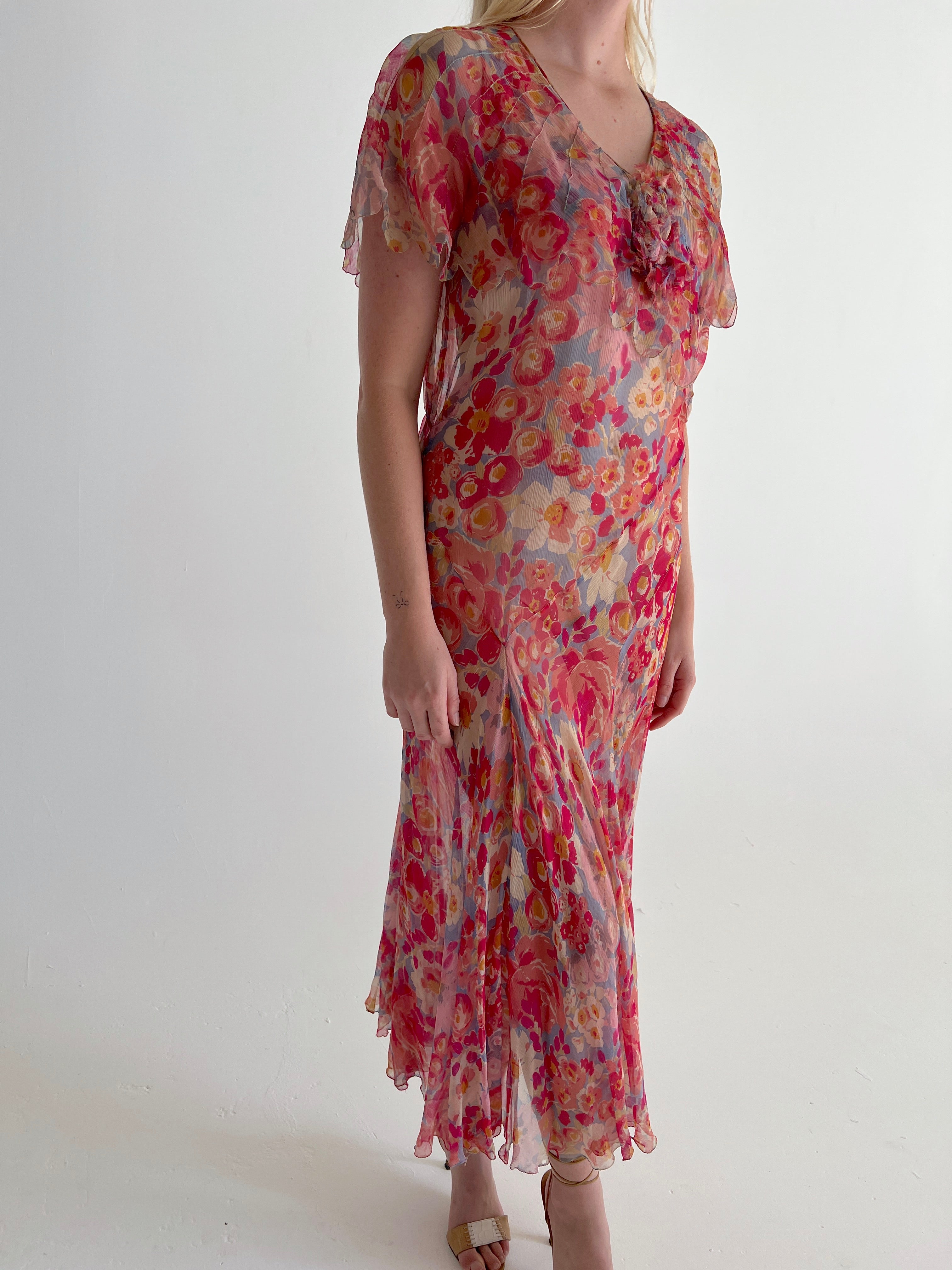 1930's Bright Pink Floral Print Chiffon Dress – Eveliina Vintage