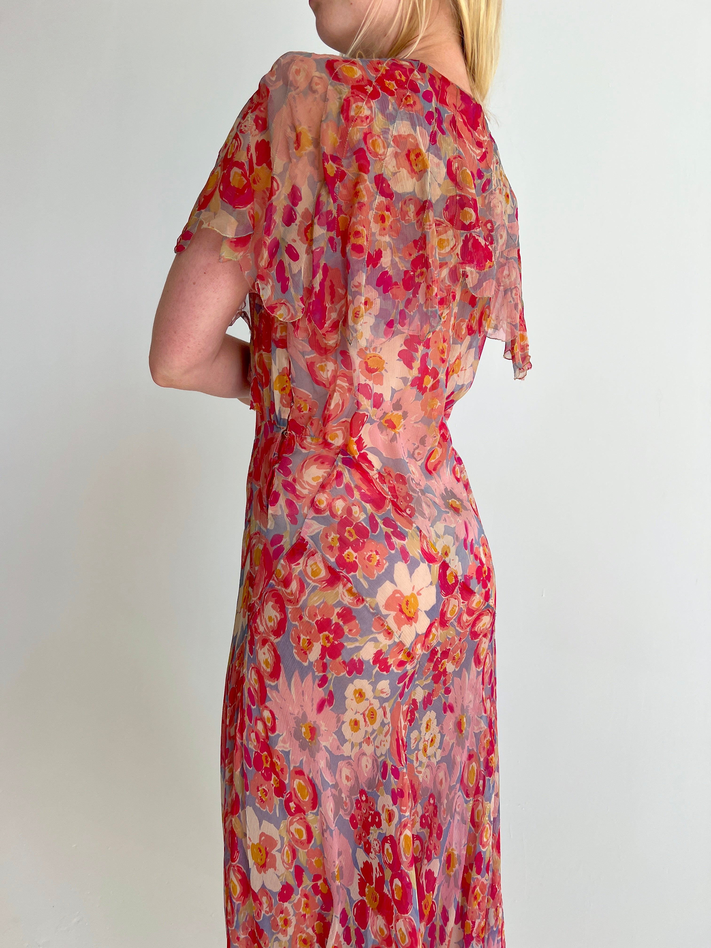1930's Bright Pink Floral Print Chiffon Dress